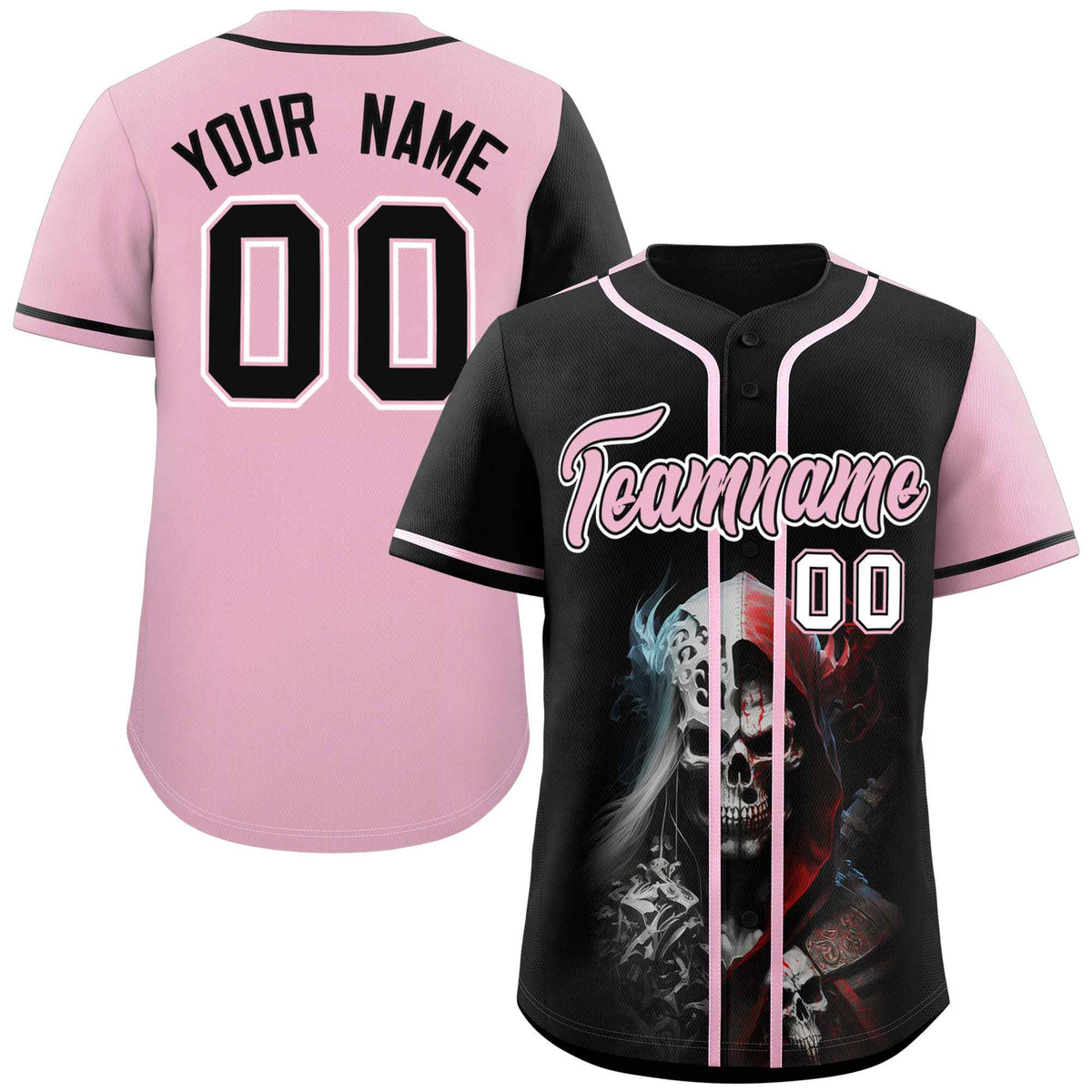 Custom Black Light Pink Color Block Personalized Skull Pattern Authentic Baseball Jersey