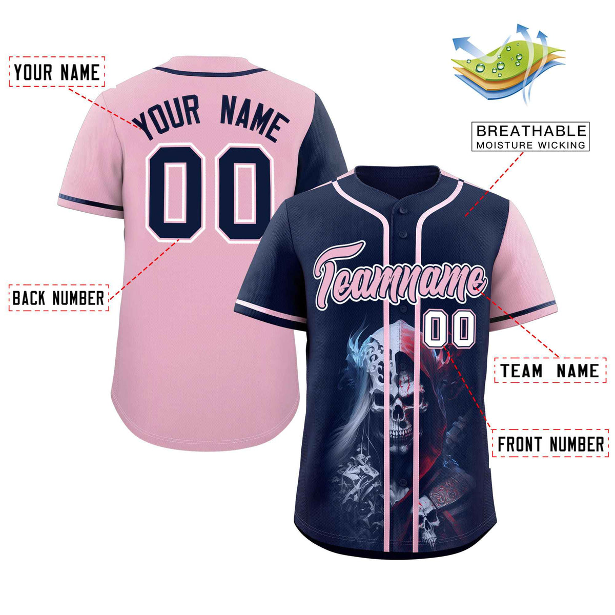 Custom Navy Light Pink Color Block Personalized Skull Pattern Authentic Baseball Jersey