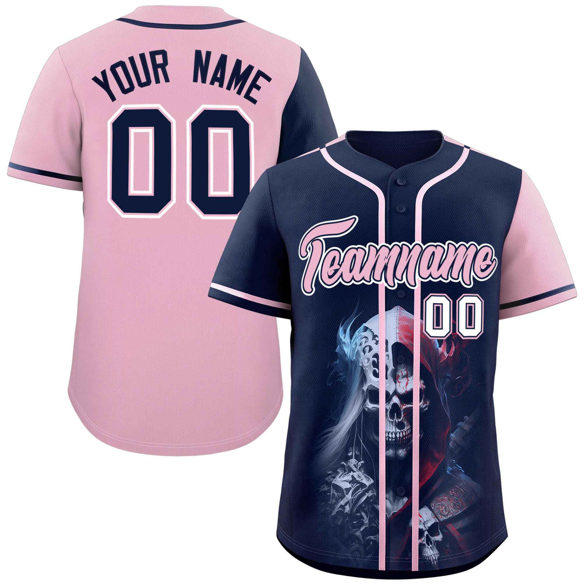 Custom Navy Light Pink Color Block Personalized Skull Pattern Authentic Baseball Jersey