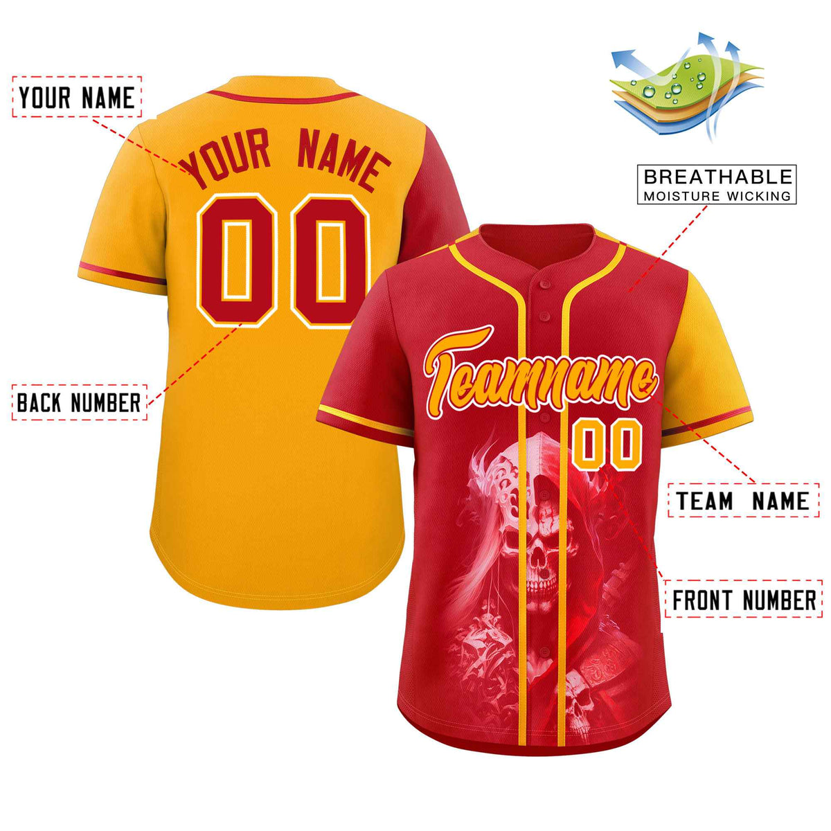 Custom Red Yellow Color Block Personalized Skull Pattern Authentic Baseball Jersey