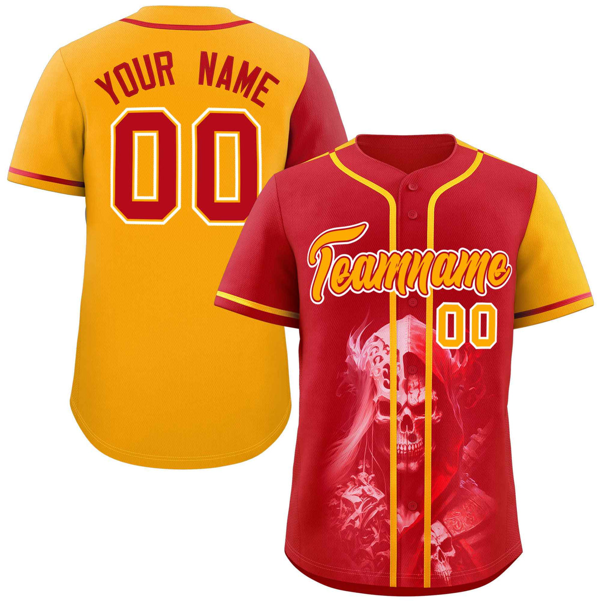 Custom Red Yellow Color Block Personalized Skull Pattern Authentic Baseball Jersey