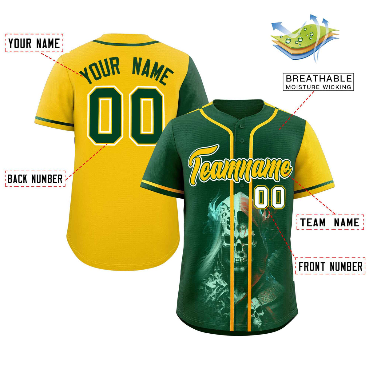 Custom Green Gold Color Block Personalized Skull Pattern Authentic Baseball Jersey