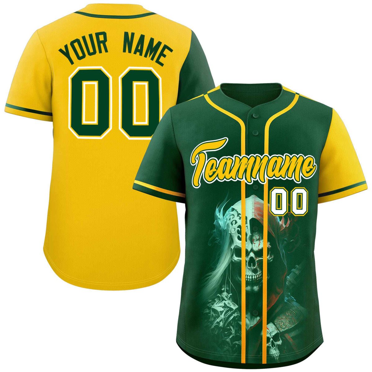 Custom Green Gold Color Block Personalized Skull Pattern Authentic Baseball Jersey