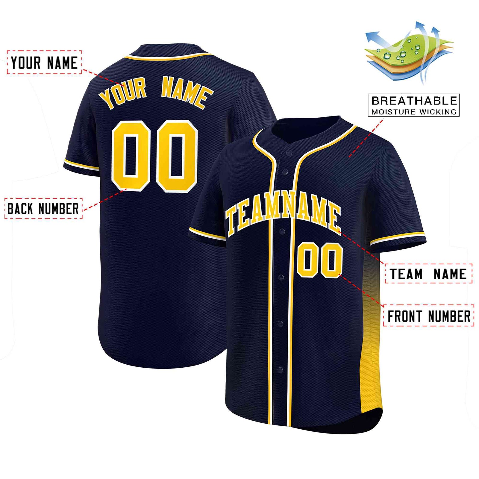 Custom Navy Gold Personalized Gradient Side Design Authentic Baseball Jersey