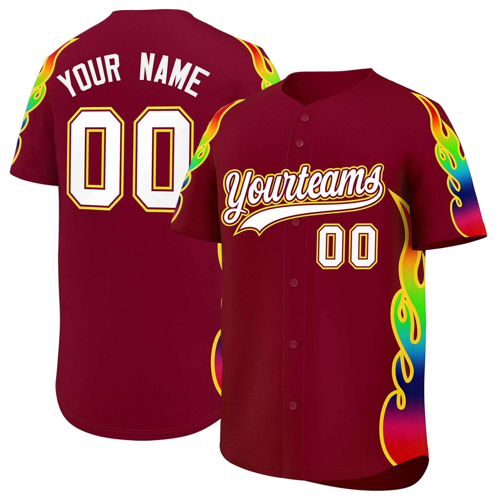Custom Crimson Graffiti Pattern Personalized Multicolored Flames Print Authentic Baseball Jersey