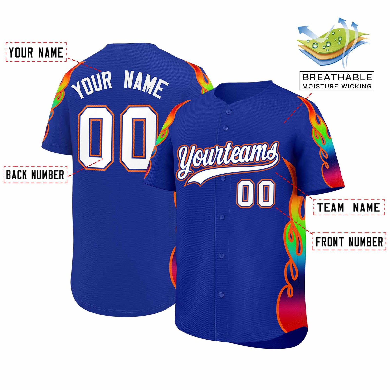 Custom Royal Graffiti Pattern Personalized Multicolored Flames Print Authentic Baseball Jersey