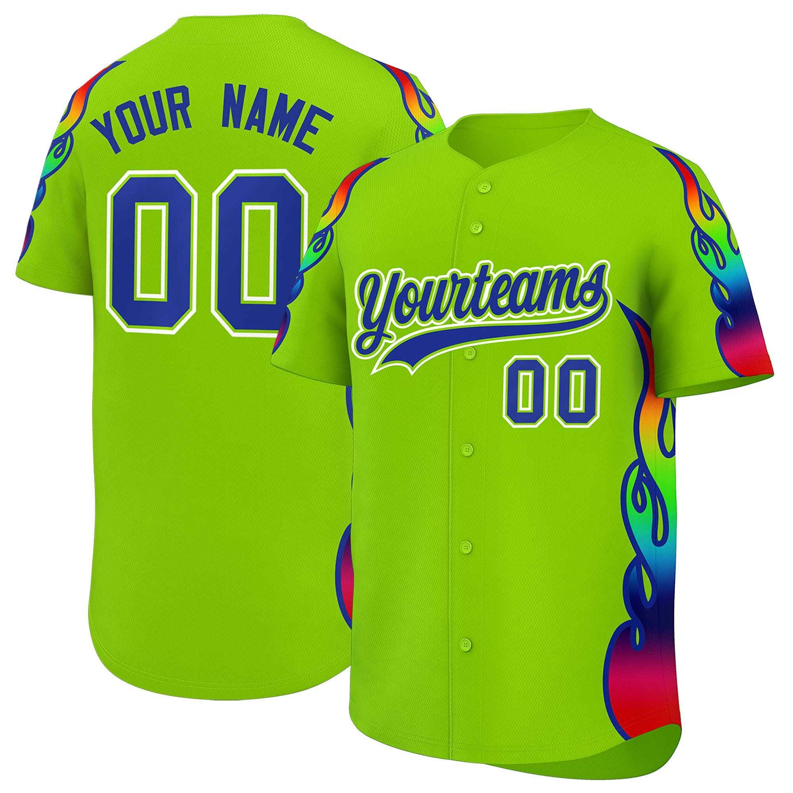 Custom Neon Green Graffiti Pattern Personalized Multicolored Flames Print Authentic Baseball Jersey