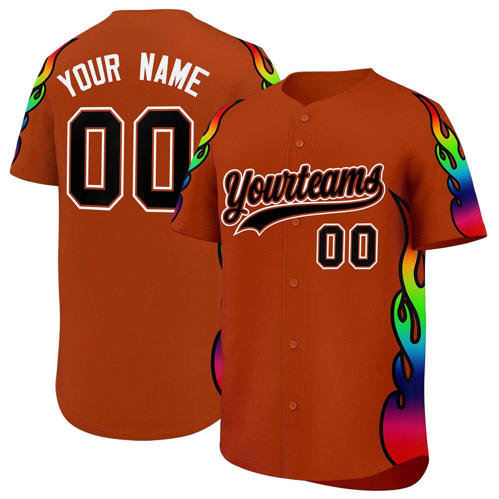 Custom Texas Orange Graffiti Pattern Personalized Multicolored Flames Print Authentic Baseball Jersey