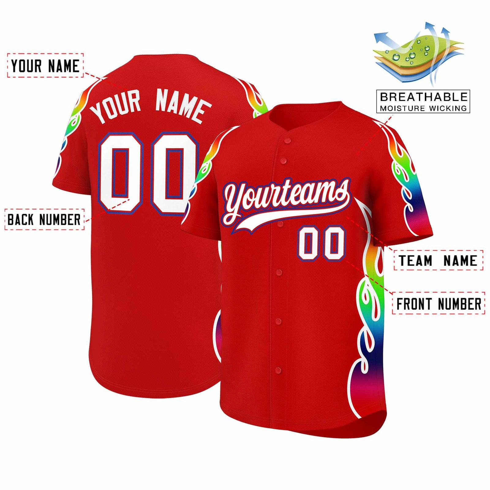 Custom Red Graffiti Pattern Personalized Multicolored Flames Print Authentic Baseball Jersey