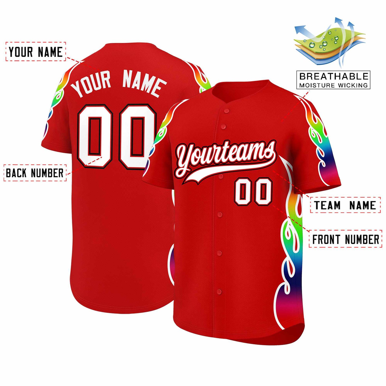 Custom Red Graffiti Pattern Personalized Multicolored Flames Print Authentic Baseball Jersey