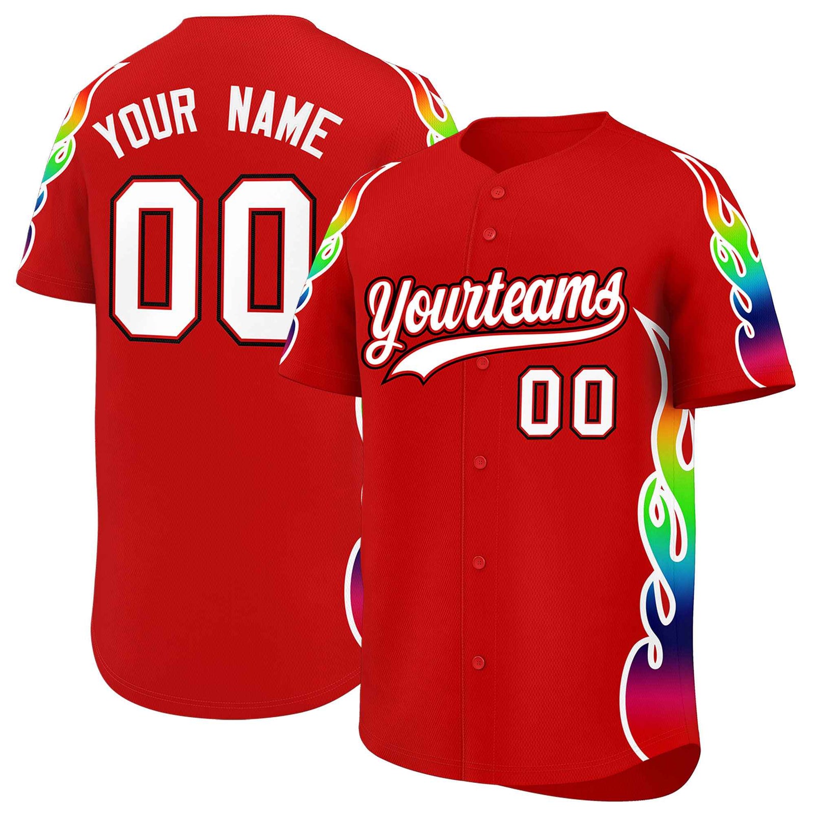 Custom Red Graffiti Pattern Personalized Multicolored Flames Print Authentic Baseball Jersey