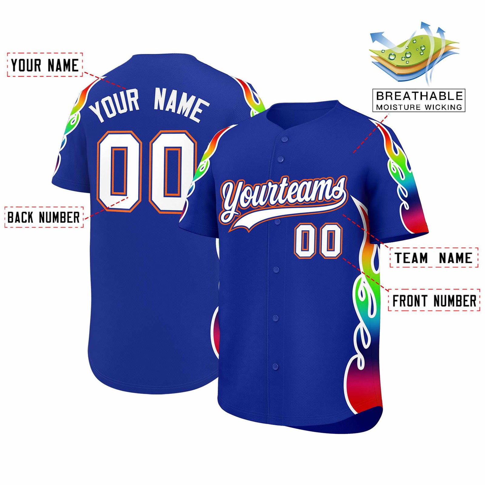 Custom Royal Graffiti Pattern Personalized Multicolored Flames Print Authentic Baseball Jersey