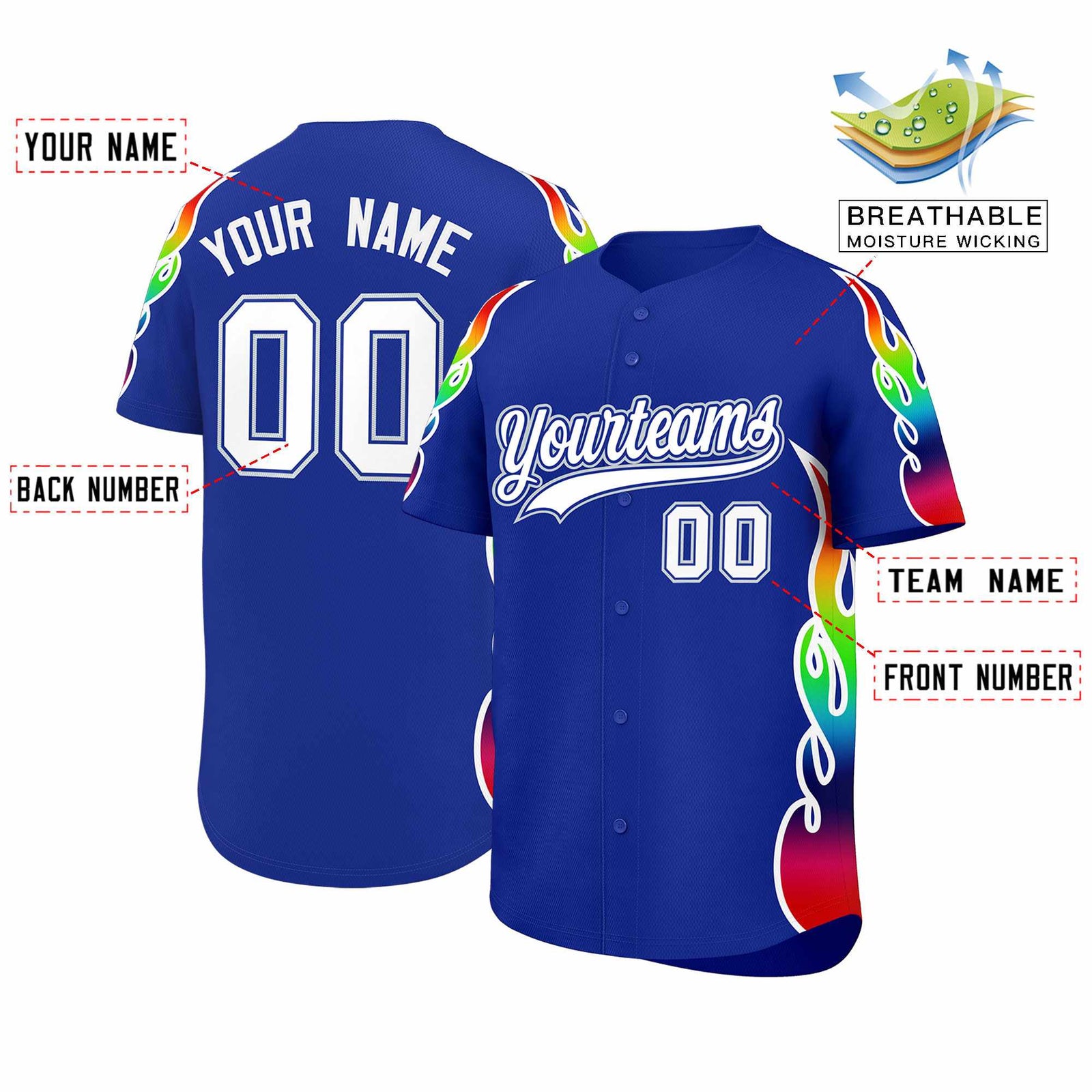 Custom Royal Graffiti Pattern Personalized Multicolored Flames Print Authentic Baseball Jersey