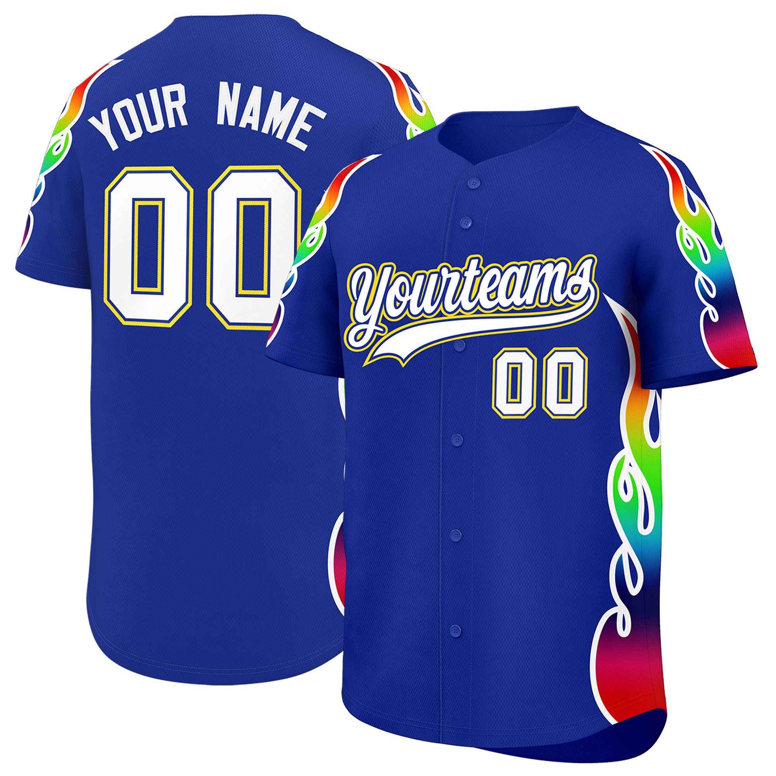 Custom Royal Graffiti Pattern Personalized Multicolored Flames Print Authentic Baseball Jersey