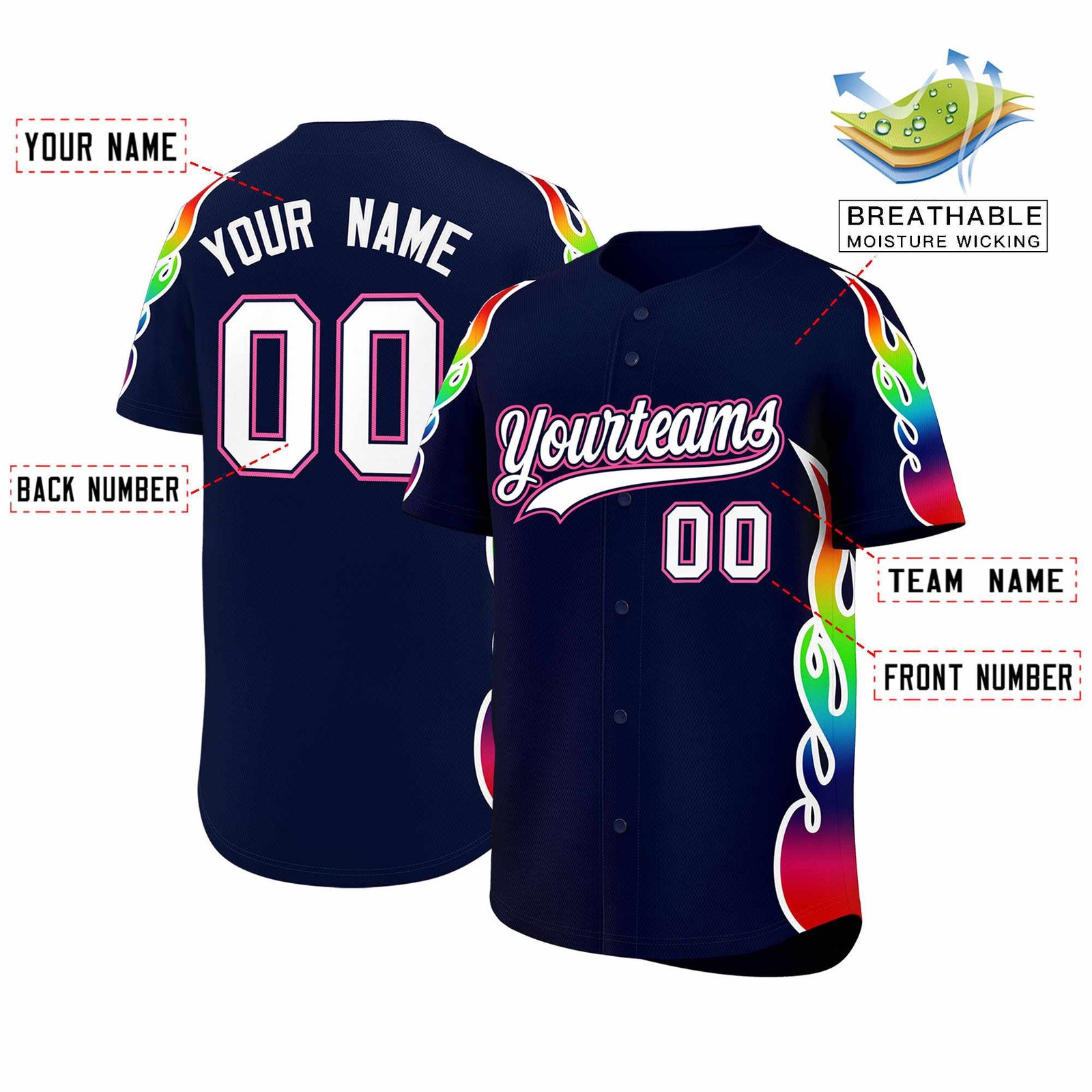 Custom Navy Graffiti Pattern Personalized Multicolored Flames Print Authentic Baseball Jersey