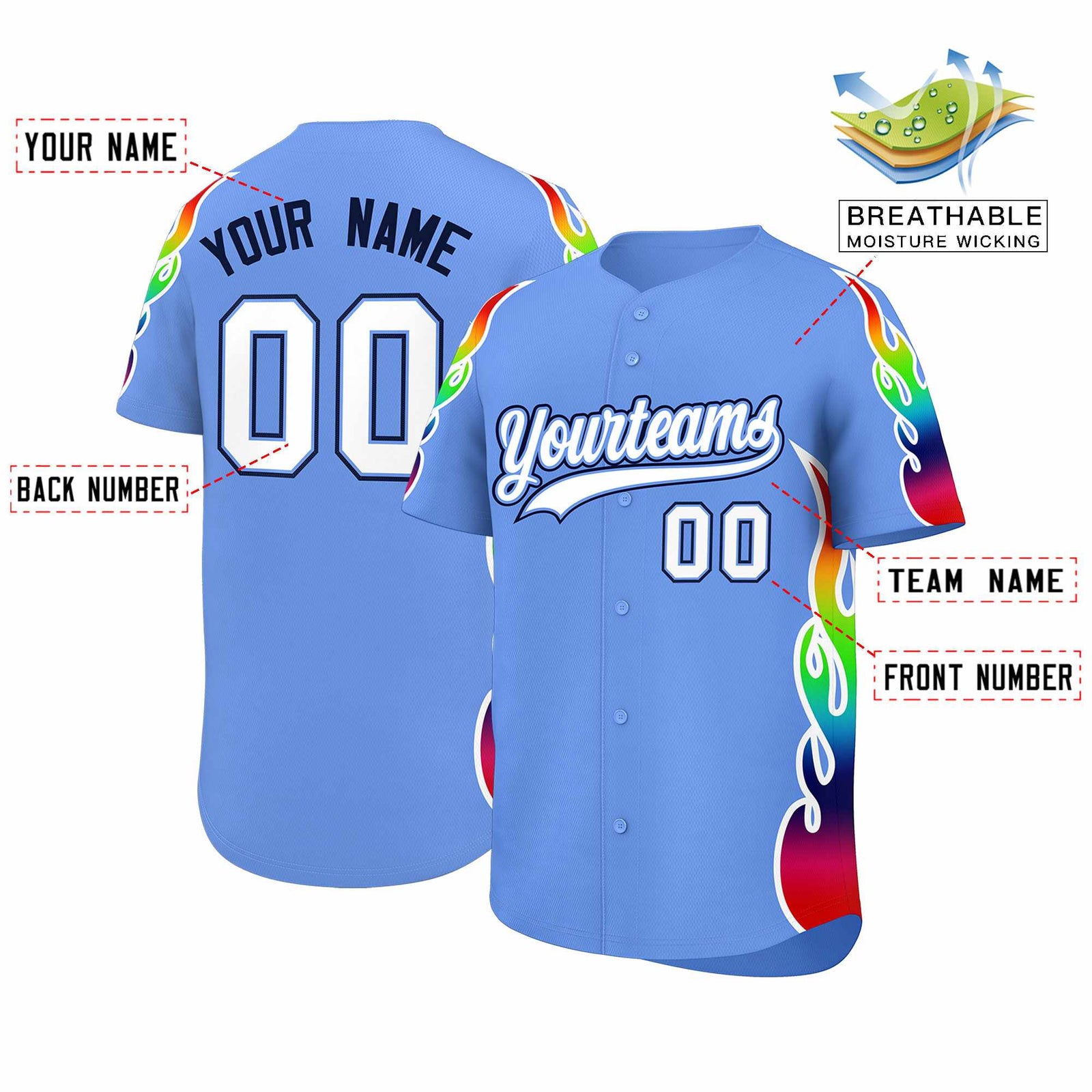 Custom Light Blue Graffiti Pattern Personalized Multicolored Flames Print Authentic Baseball Jersey