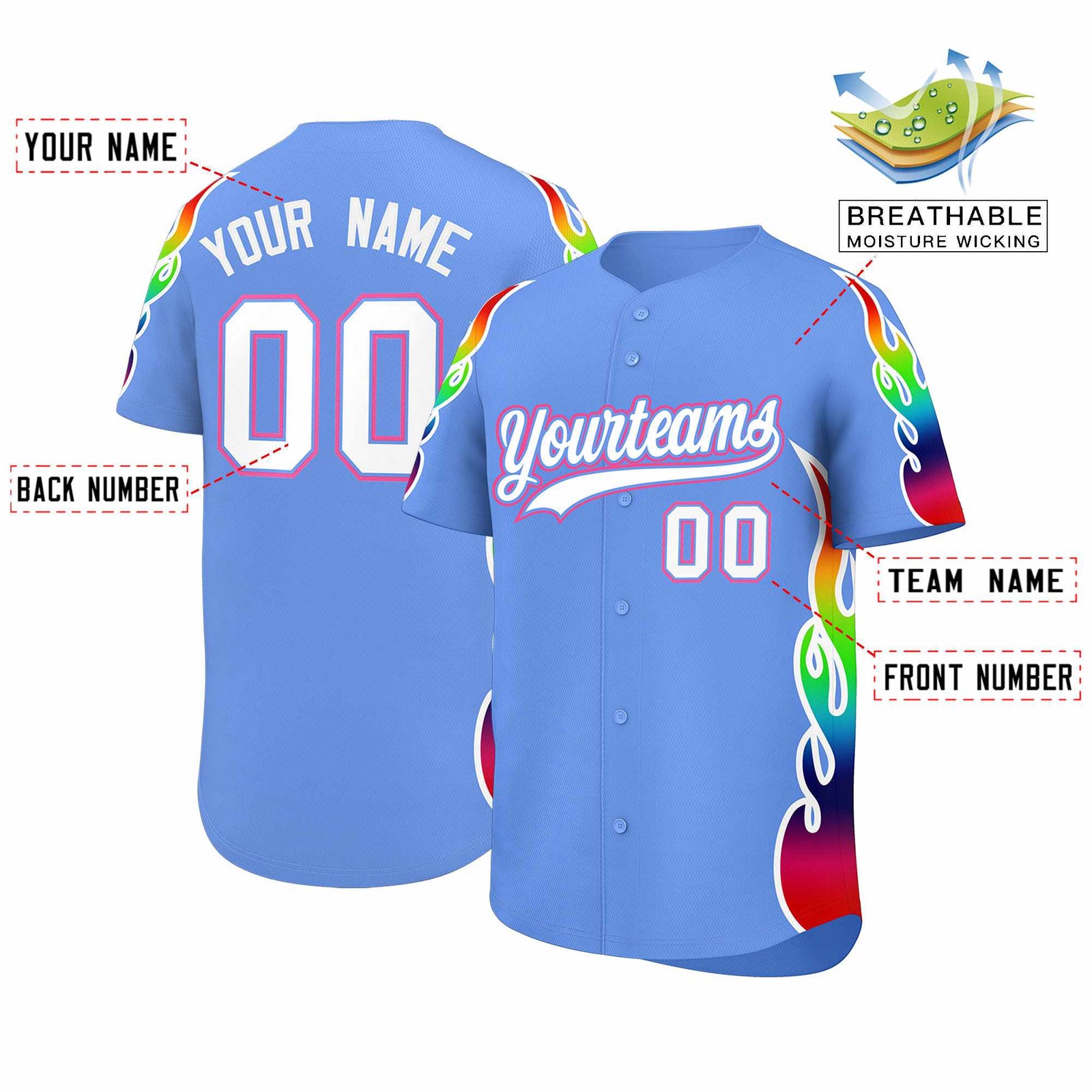 Custom Light Blue Graffiti Pattern Personalized Multicolored Flames Print Authentic Baseball Jersey