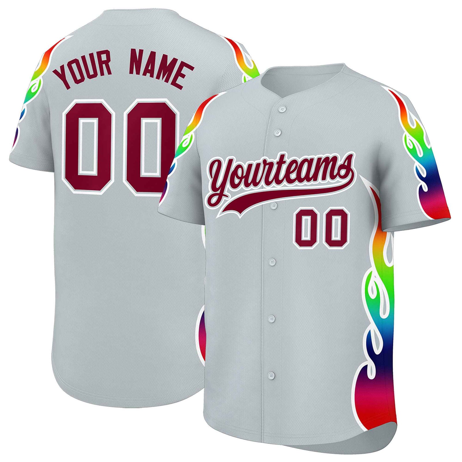 Custom Silver Graffiti Pattern Personalized Multicolored Flames Print Authentic Baseball Jersey