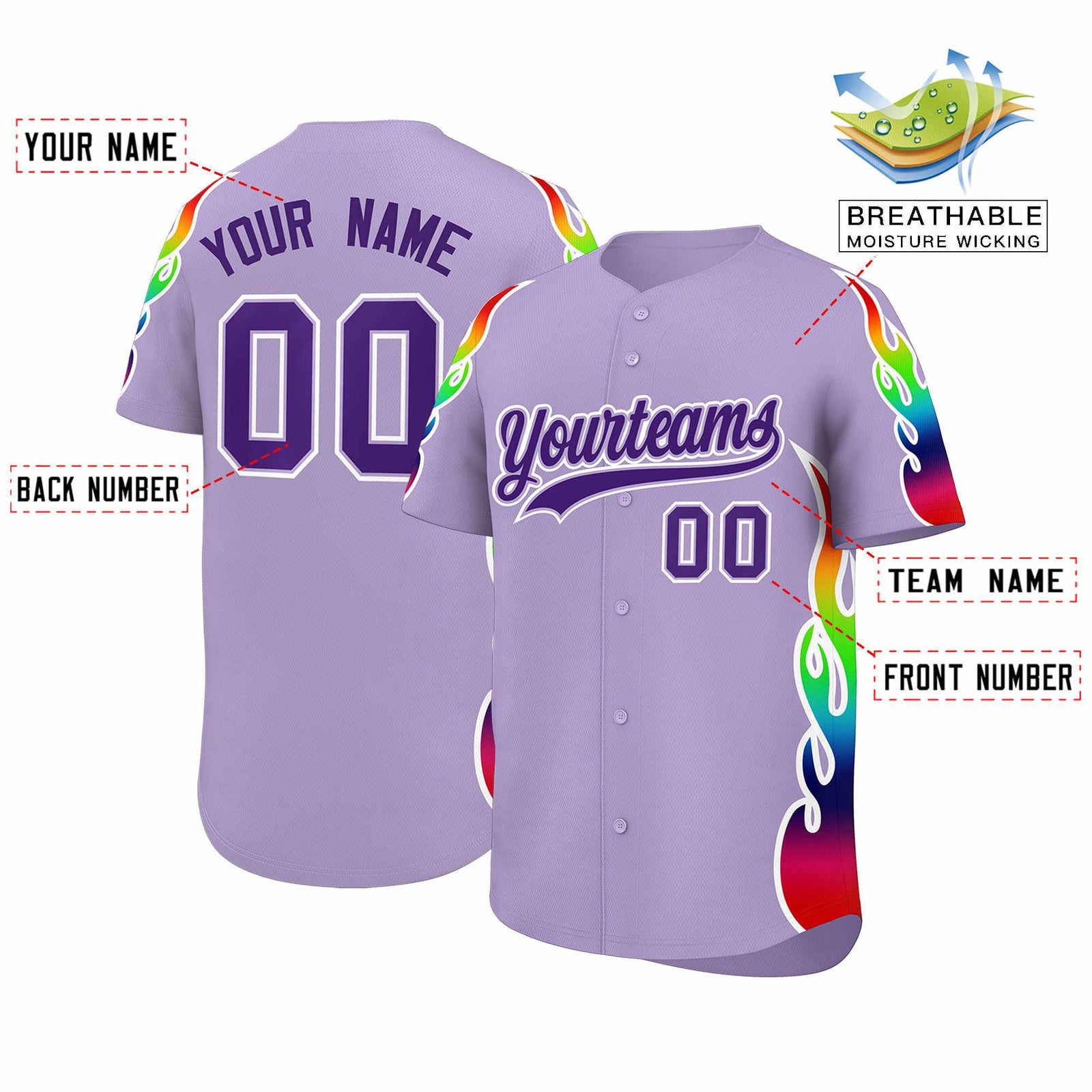 Custom Light Purple Graffiti Pattern Personalized Multicolored Flames Print Authentic Baseball Jersey