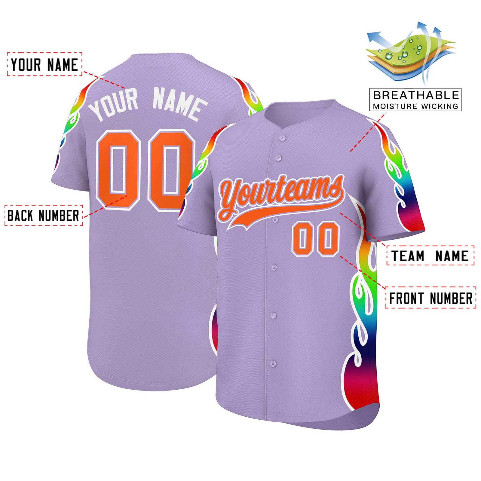 Custom Light Purple Graffiti Pattern Personalized Multicolored Flames Print Authentic Baseball Jersey