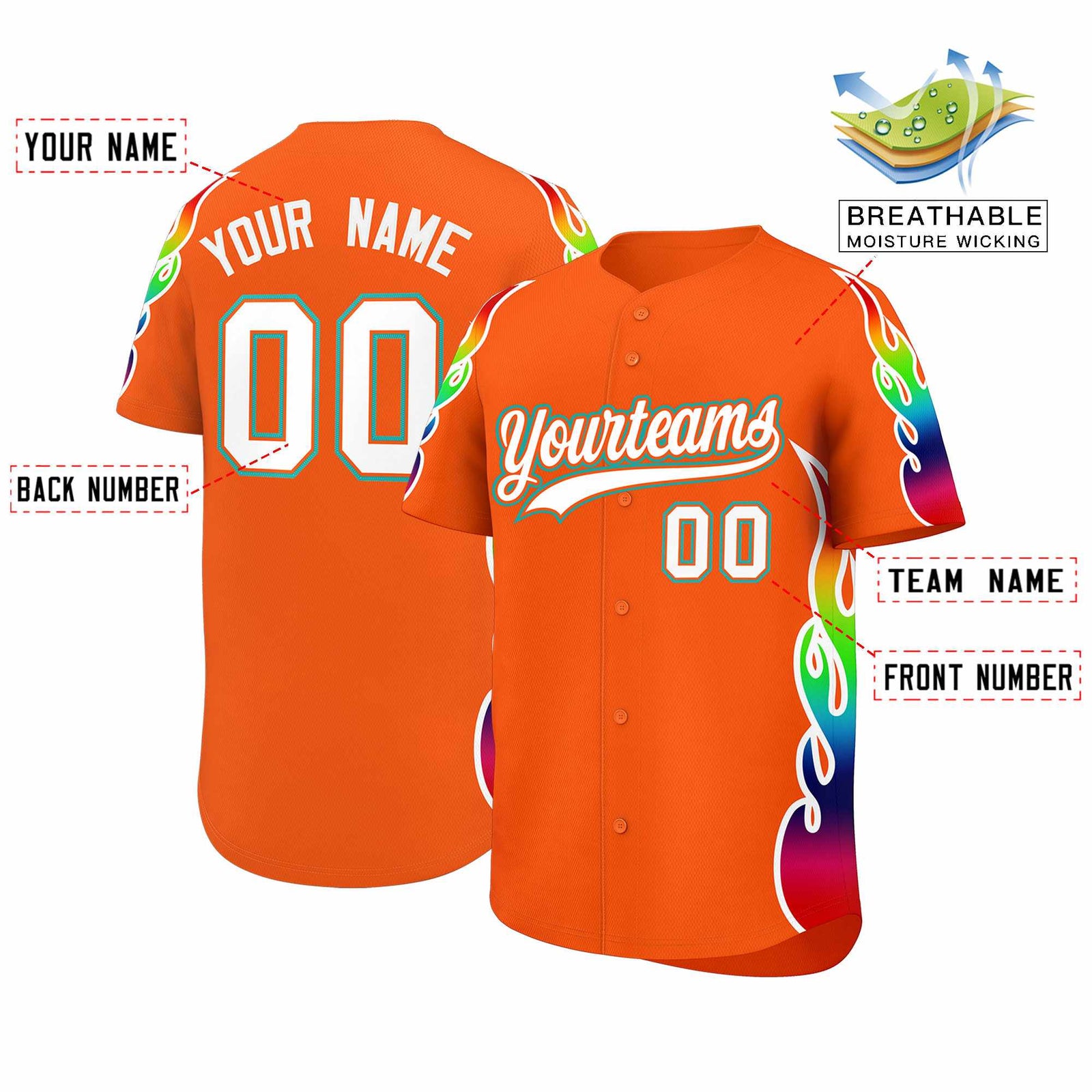Custom Orange Graffiti Pattern Personalized Multicolored Flames Print Authentic Baseball Jersey