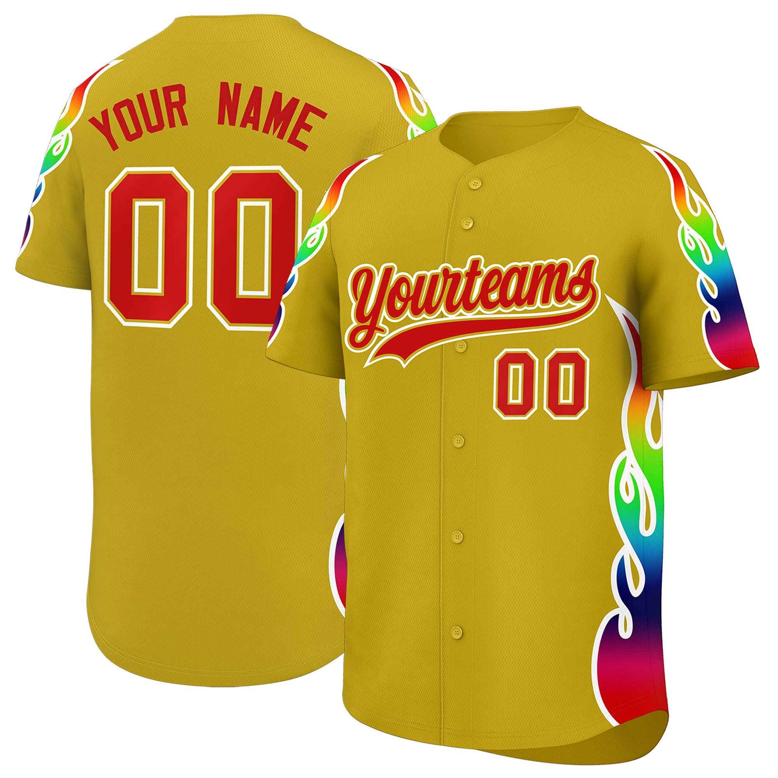 Custom Old Gold Graffiti Pattern Personalized Multicolored Flames Print Authentic Baseball Jersey