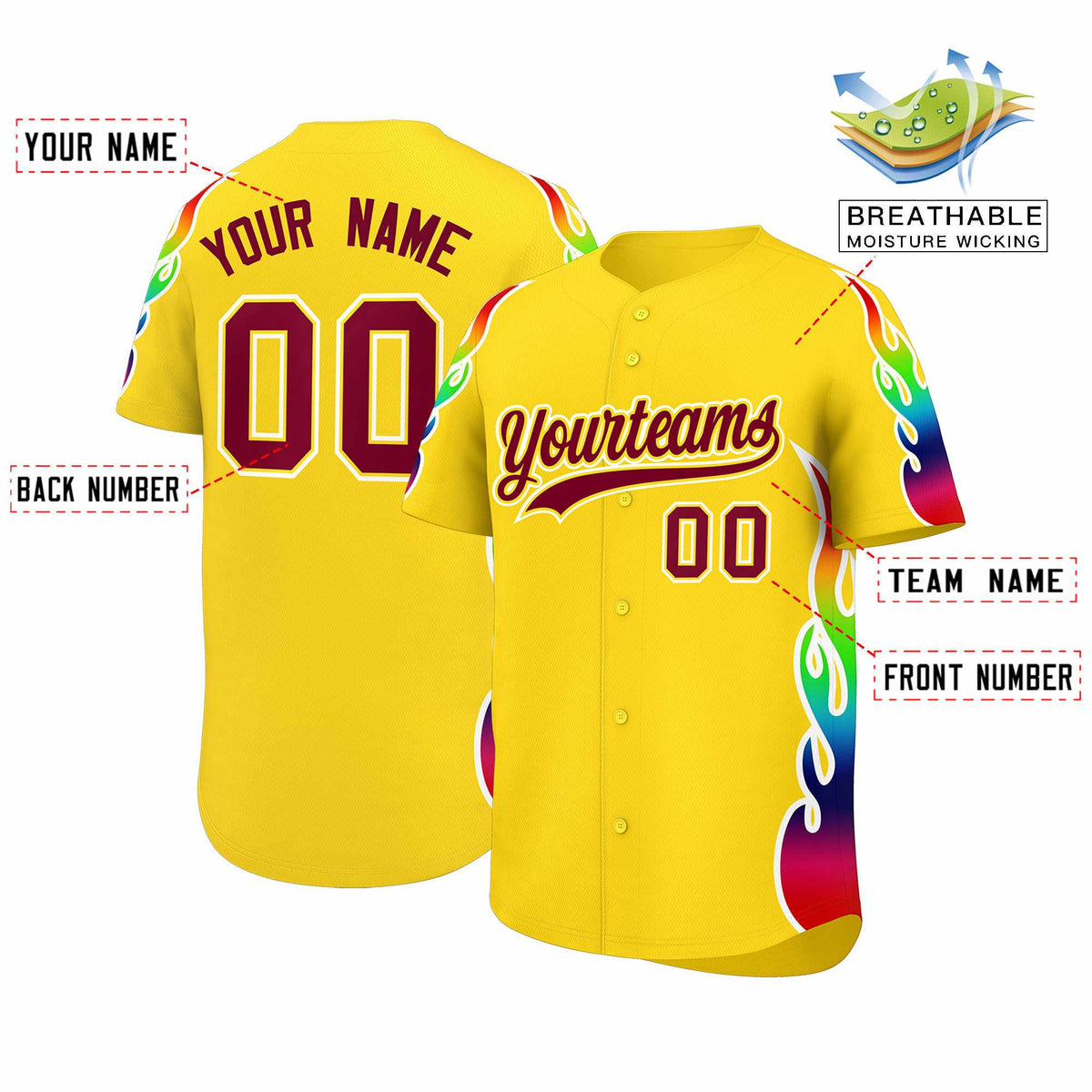 Custom Gold Graffiti Pattern Personalized Multicolored Flames Print Authentic Baseball Jersey