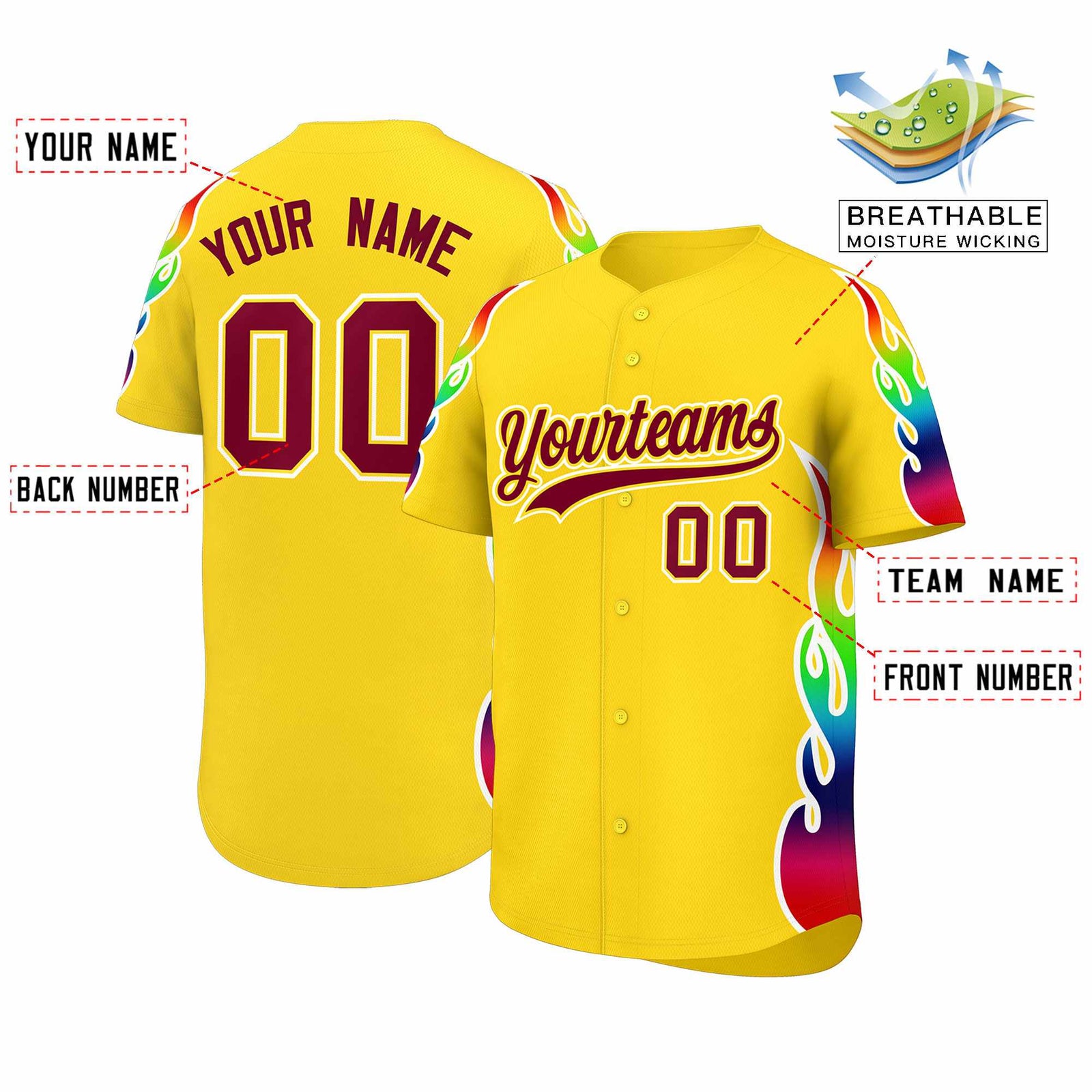 Custom Gold Graffiti Pattern Personalized Multicolored Flames Print Authentic Baseball Jersey