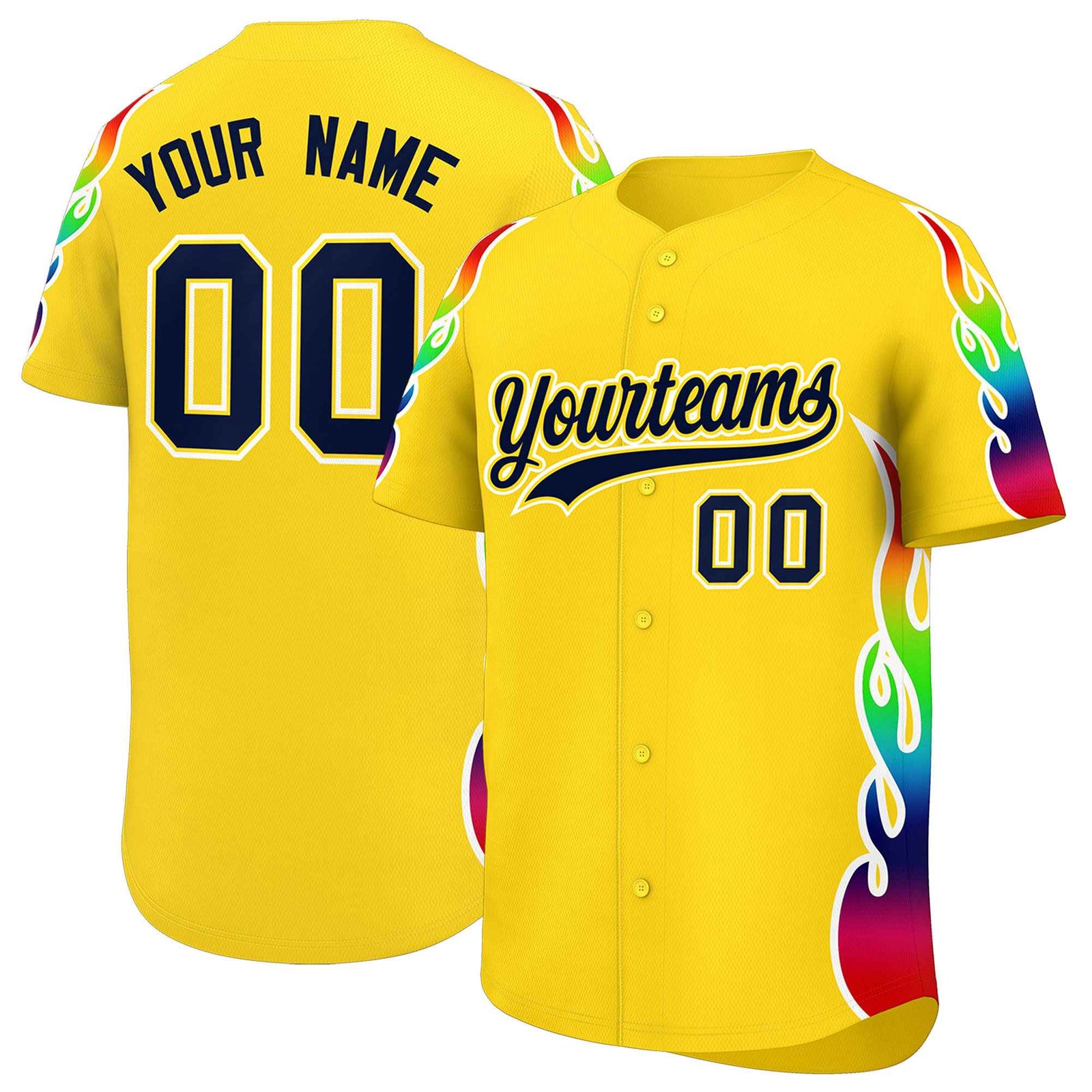 Custom Gold Graffiti Pattern Personalized Multicolored Flames Print Authentic Baseball Jersey