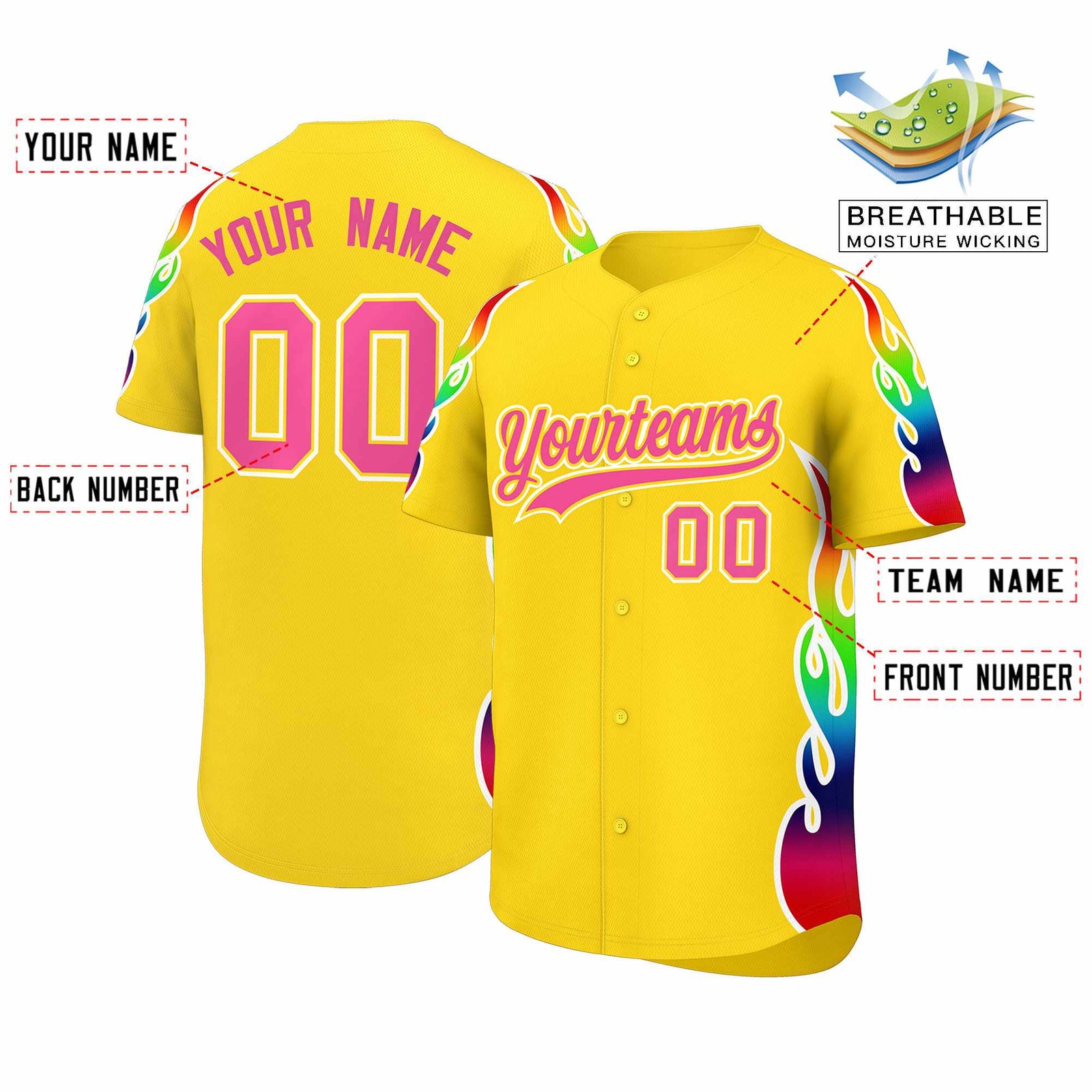 Custom Gold Graffiti Pattern Personalized Multicolored Flames Print Authentic Baseball Jersey