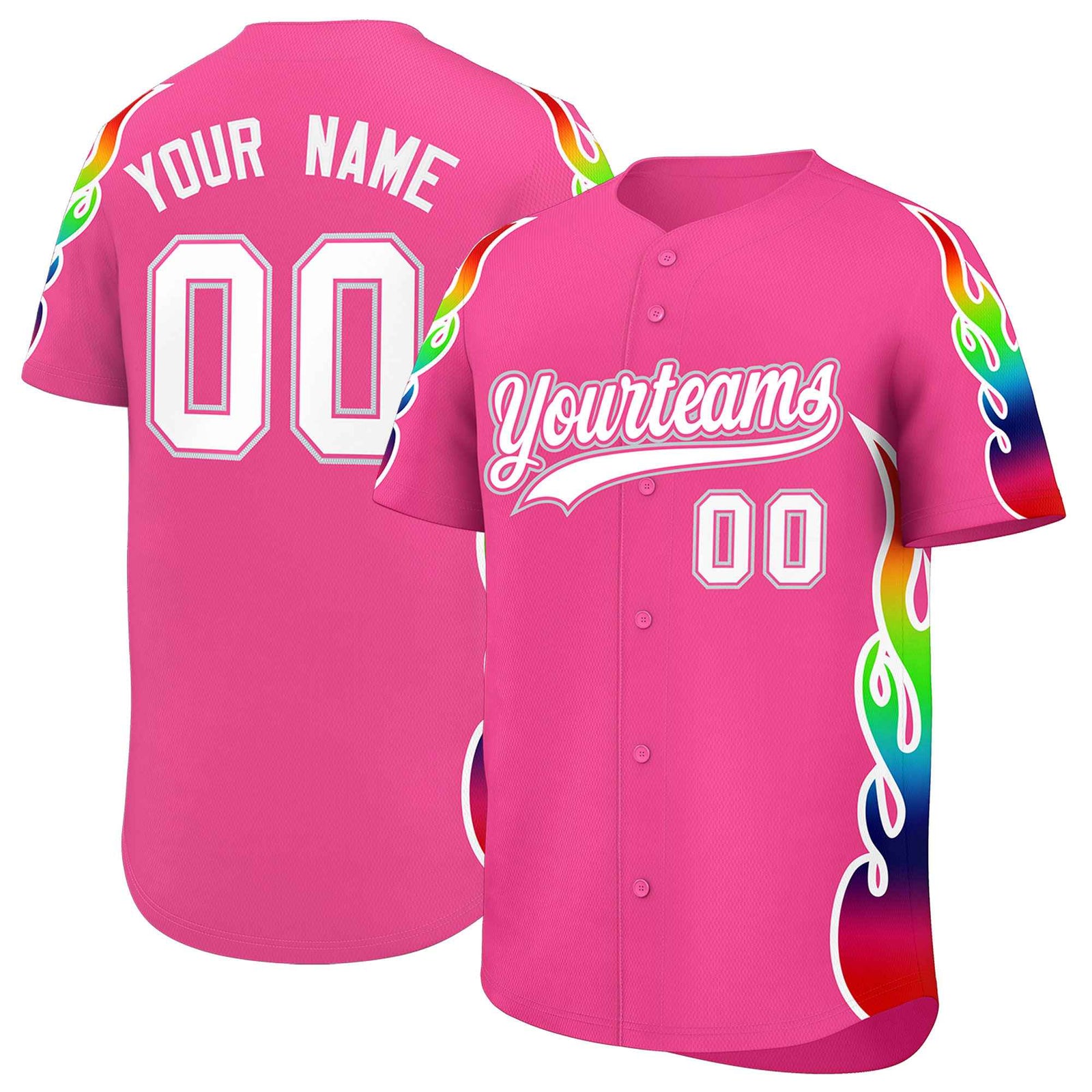 Custom Pink Graffiti Pattern Personalized Multicolored Flames Print Authentic Baseball Jersey