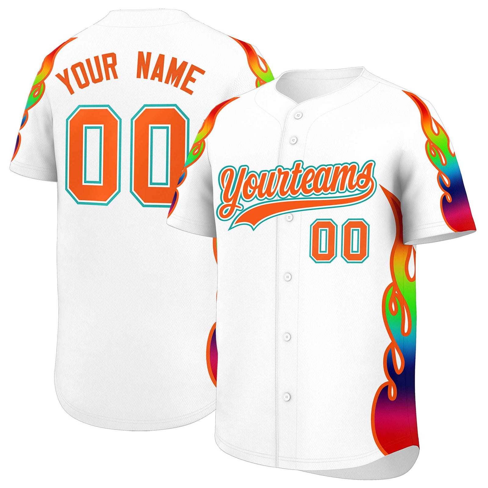 Custom White Graffiti Pattern Personalized Multicolored Flames Print Authentic Baseball Jersey