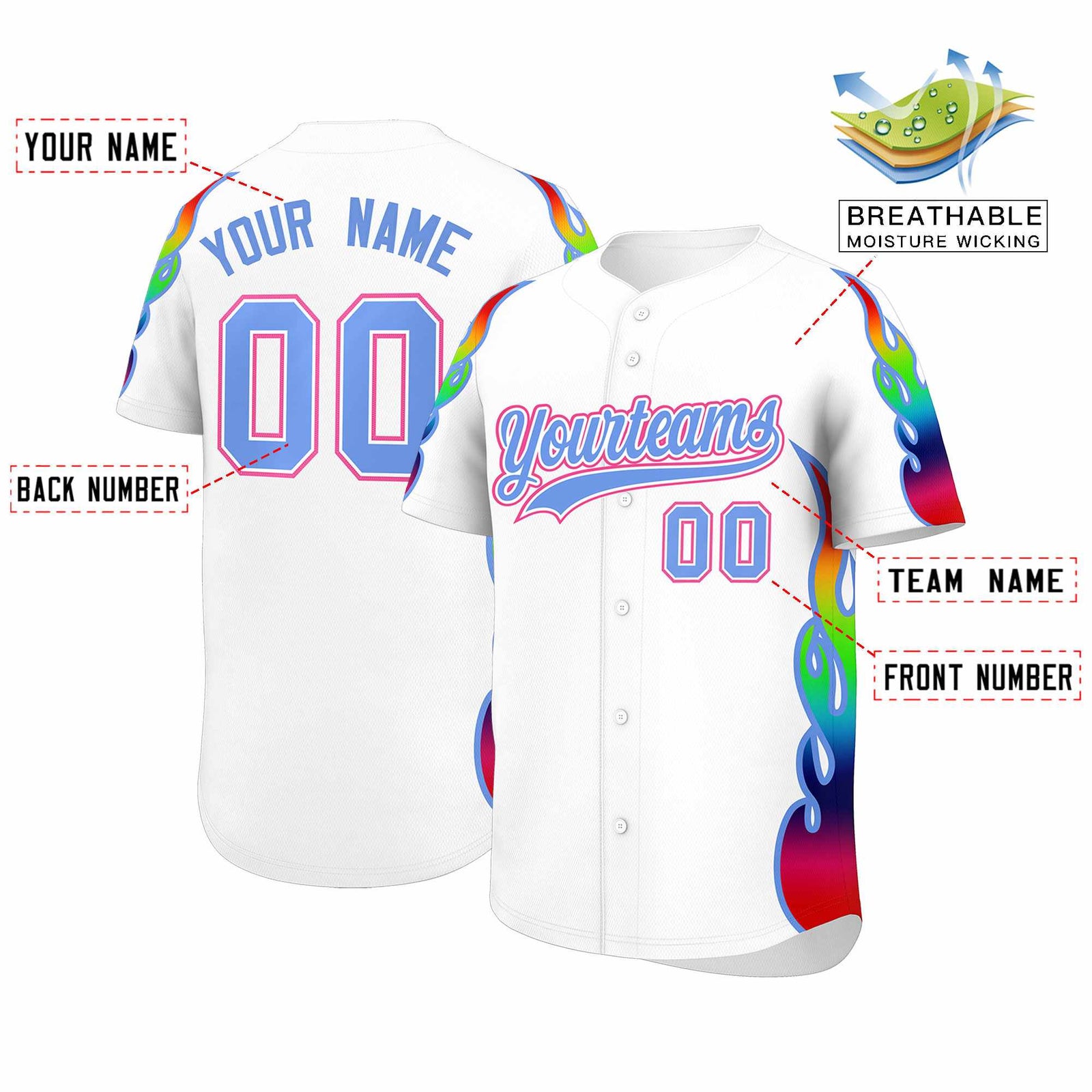 Custom White Graffiti Pattern Personalized Multicolored Flames Print Authentic Baseball Jersey
