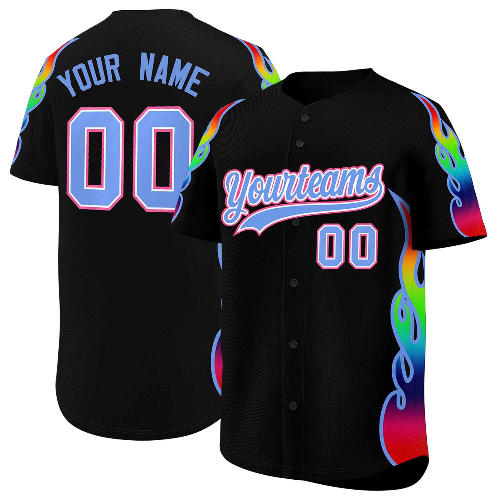 Custom Black Graffiti Pattern Personalized Multicolored Flames Print Authentic Baseball Jersey