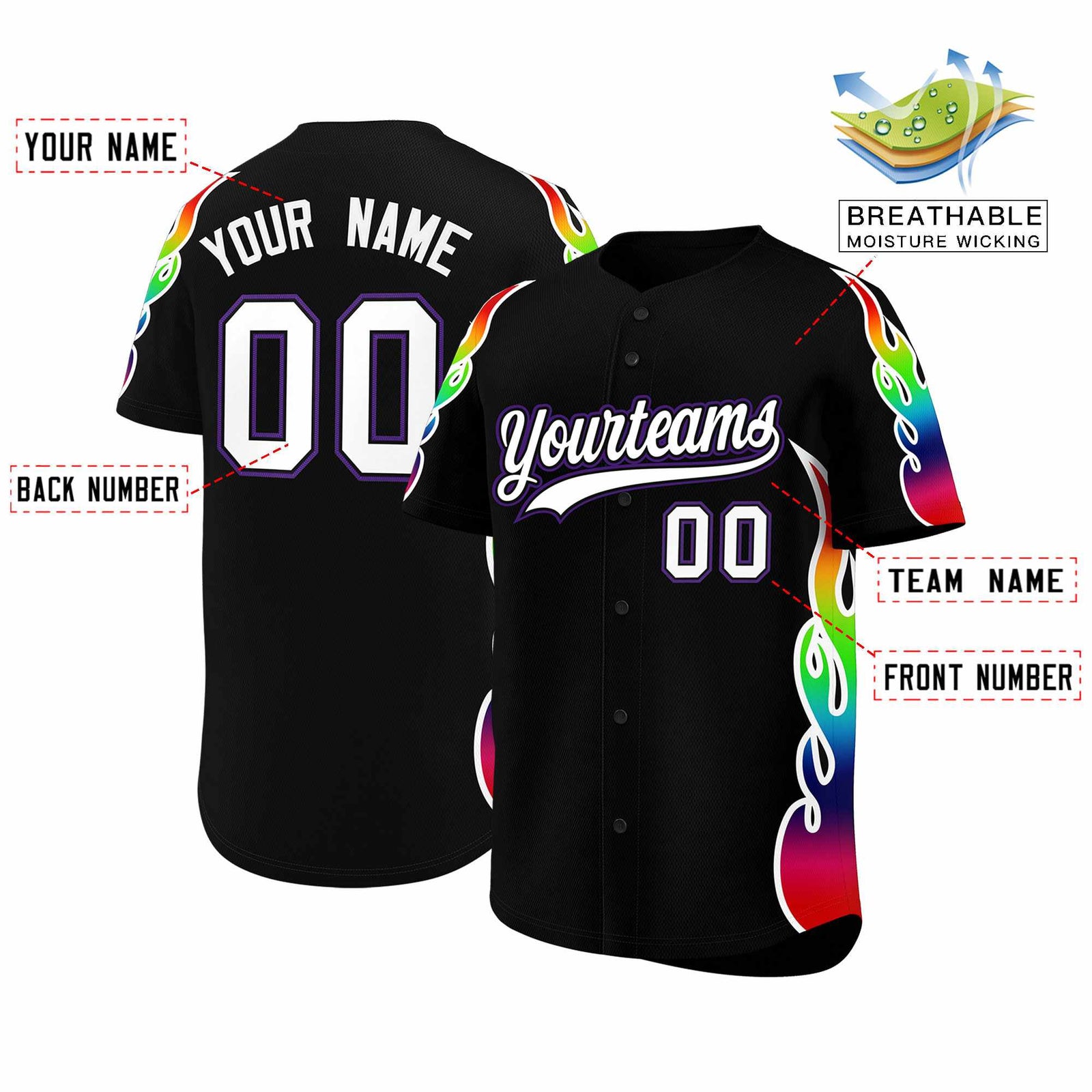 Custom Black Graffiti Pattern Personalized Multicolored Flames Print Authentic Baseball Jersey