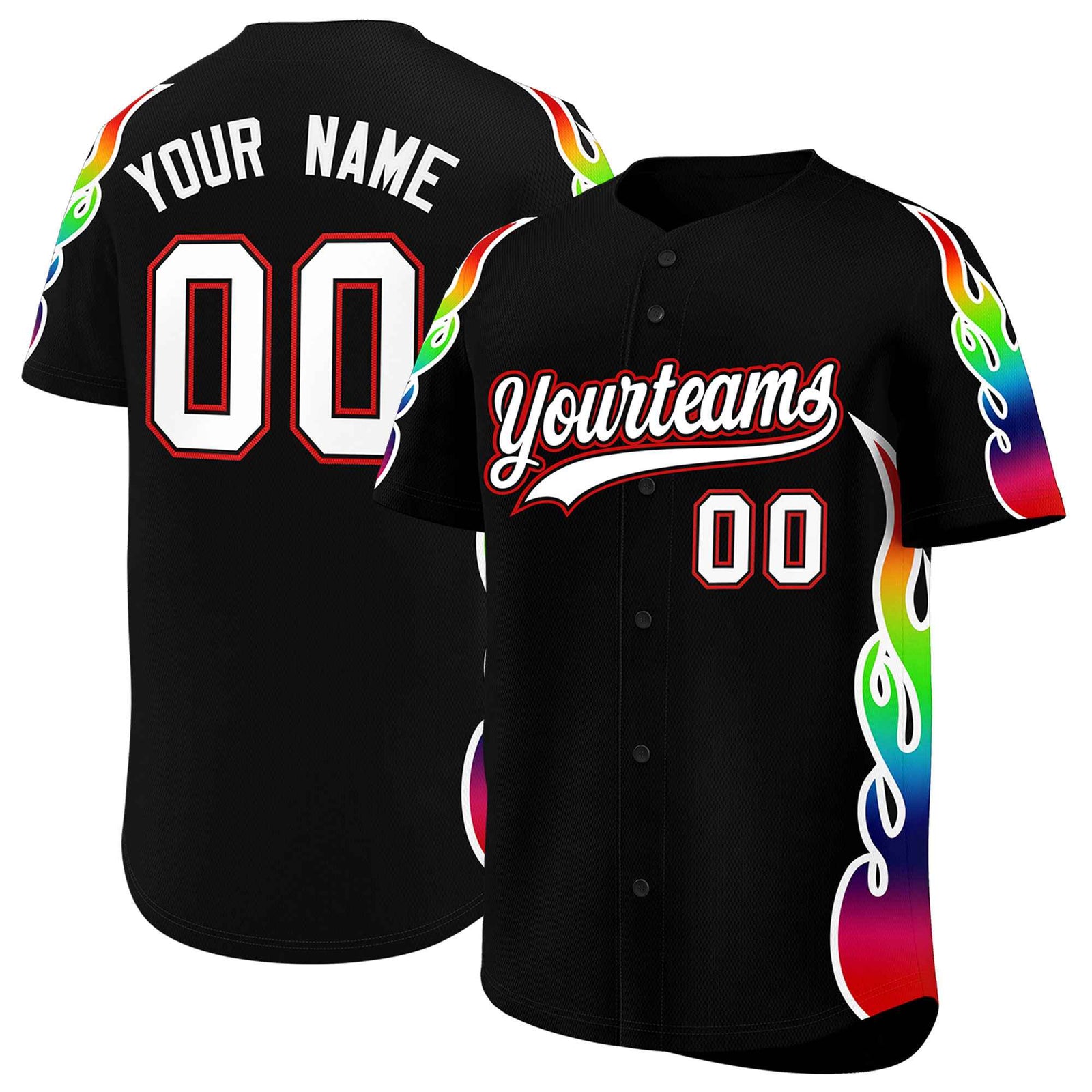 Custom Black Graffiti Pattern Personalized Multicolored Flames Print Authentic Baseball Jersey