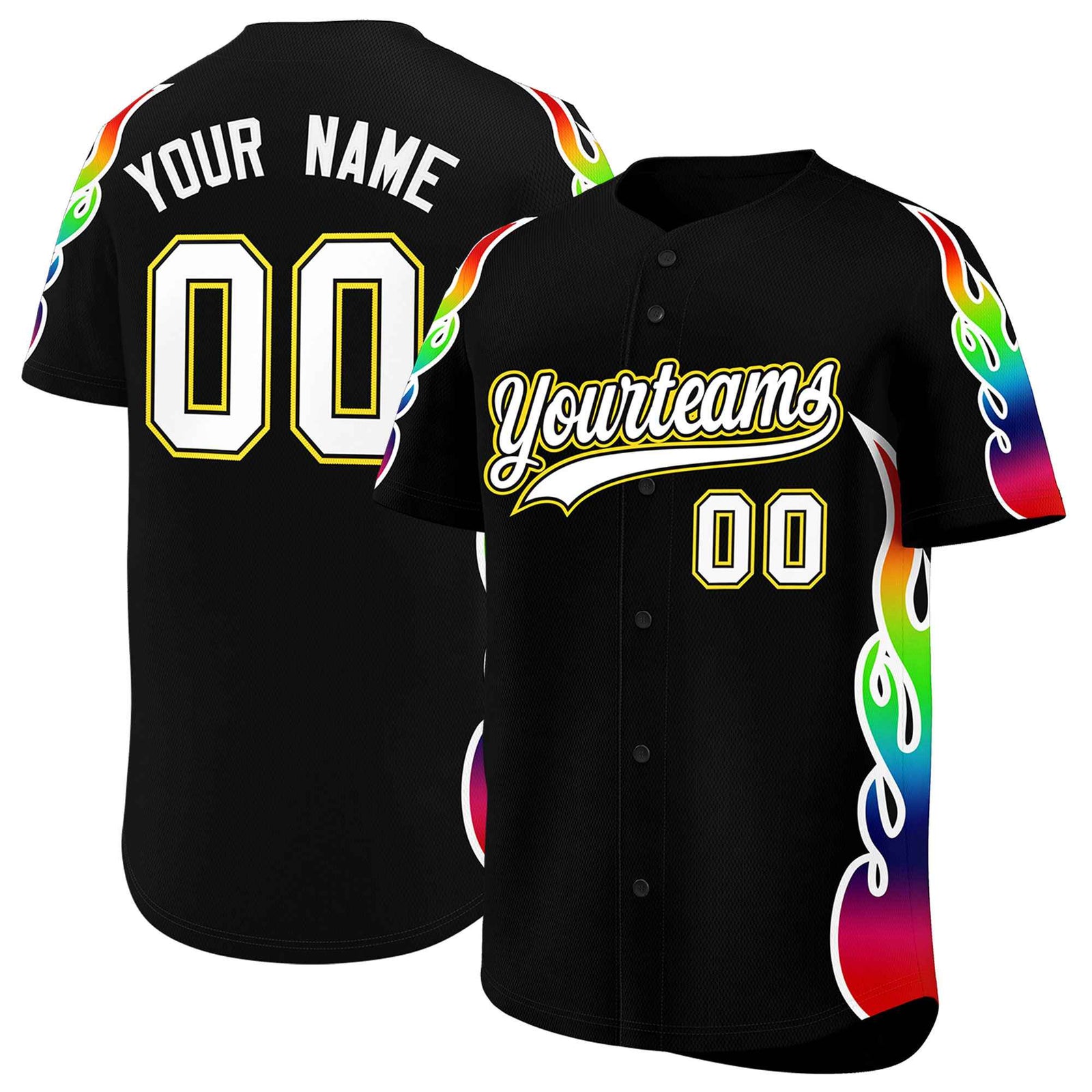 Custom Black Graffiti Pattern Personalized Multicolored Flames Print Authentic Baseball Jersey
