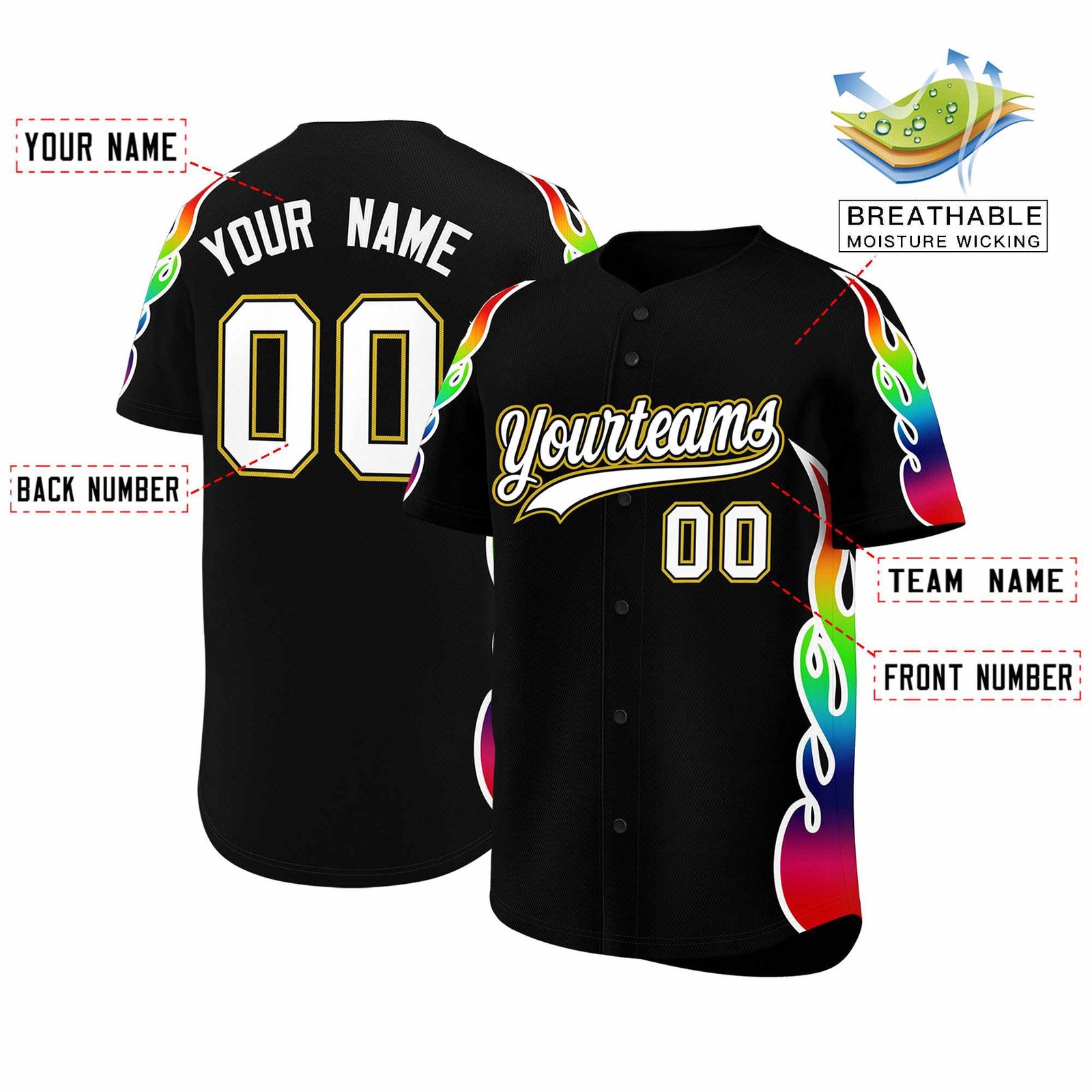 Custom Black Graffiti Pattern Personalized Multicolored Flames Print Authentic Baseball Jersey