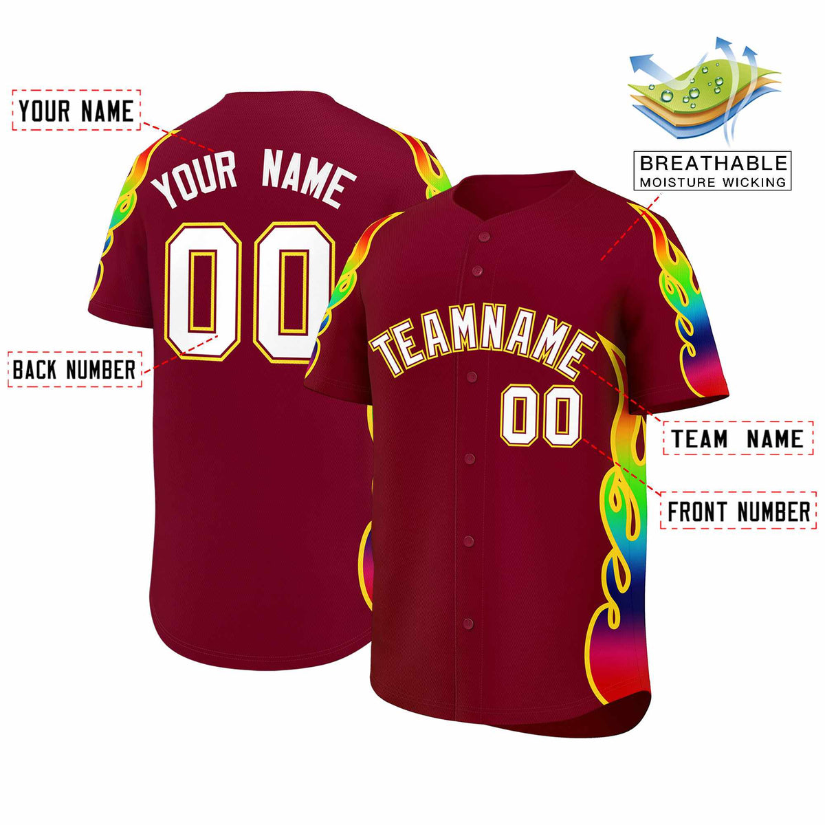 Custom Crimson Graffiti Pattern Personalized Multicolored Flames Print Authentic Baseball Jersey