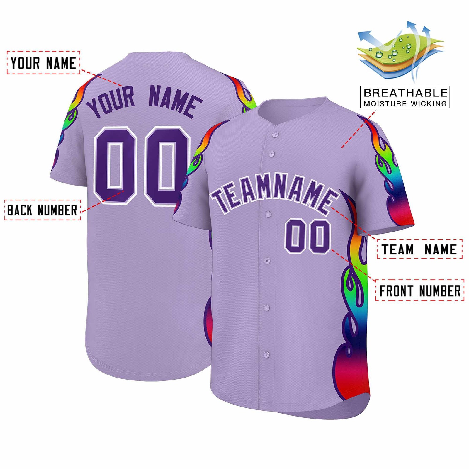 Custom Light Purple Graffiti Pattern Personalized Multicolored Flames Print Authentic Baseball Jersey
