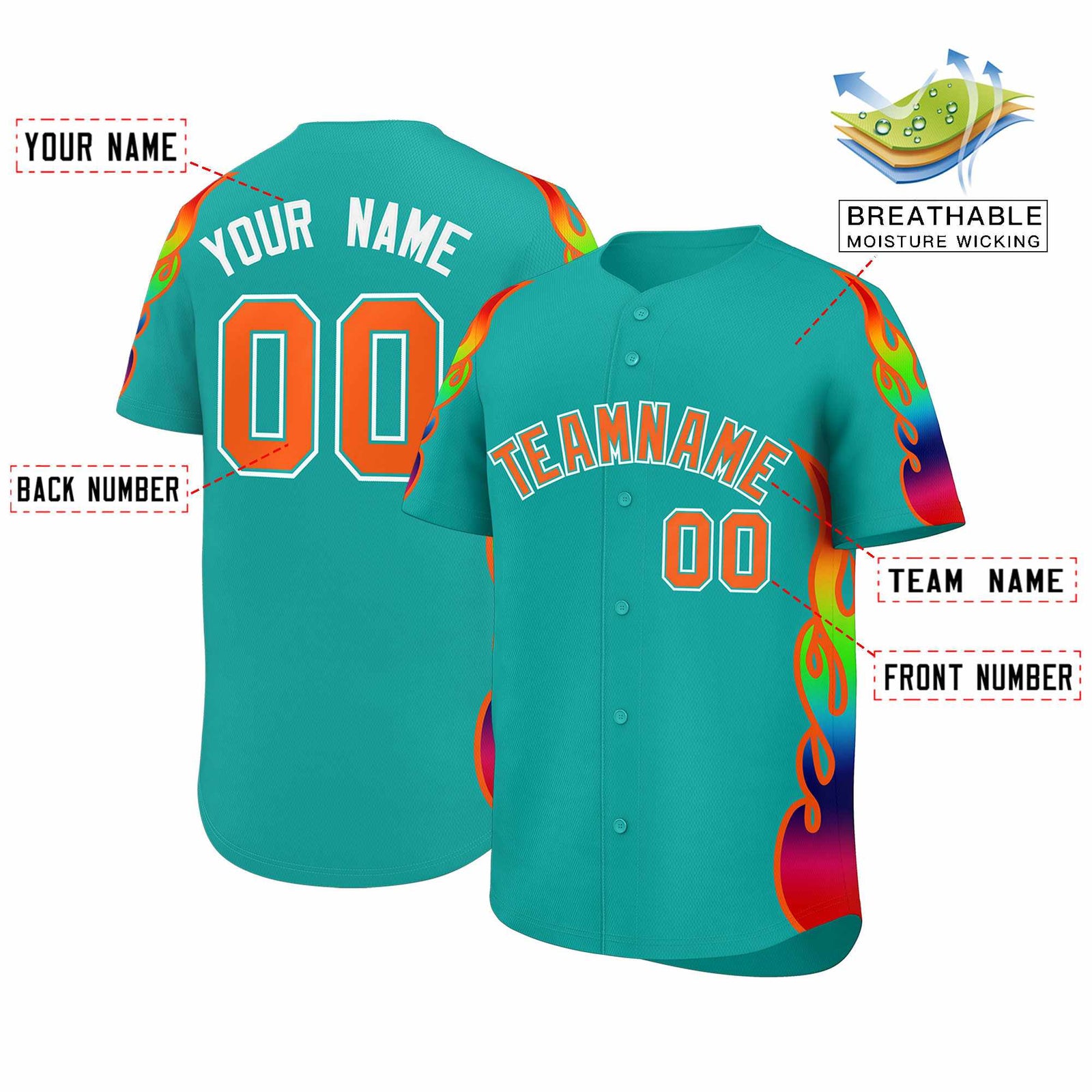 Custom Aqua Graffiti Pattern Personalized Multicolored Flames Print Authentic Baseball Jersey