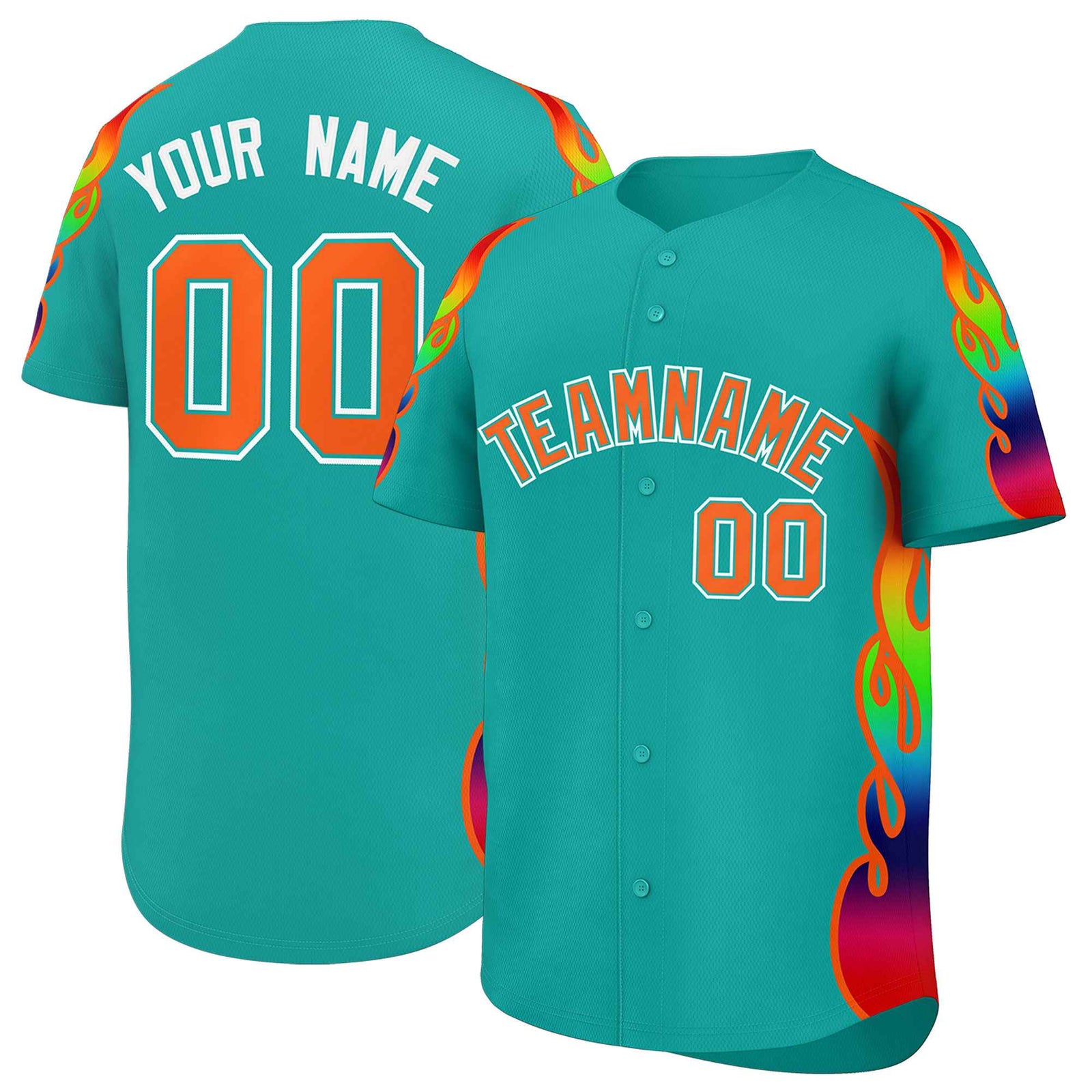 Custom Aqua Graffiti Pattern Personalized Multicolored Flames Print Authentic Baseball Jersey