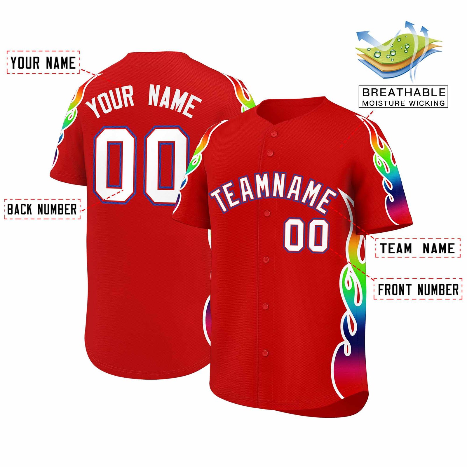 Custom Red Graffiti Pattern Personalized Multicolored Flames Print Authentic Baseball Jersey