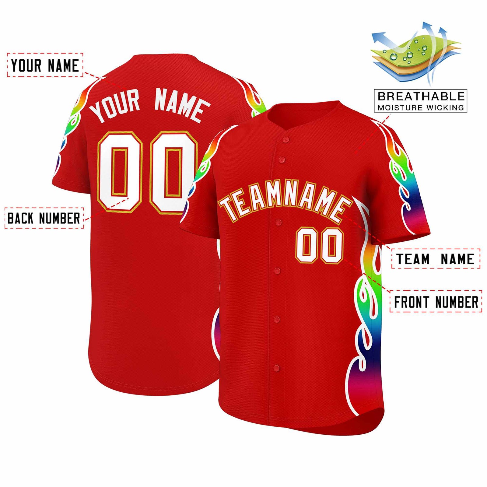 Custom Red Graffiti Pattern Personalized Multicolored Flames Print Authentic Baseball Jersey