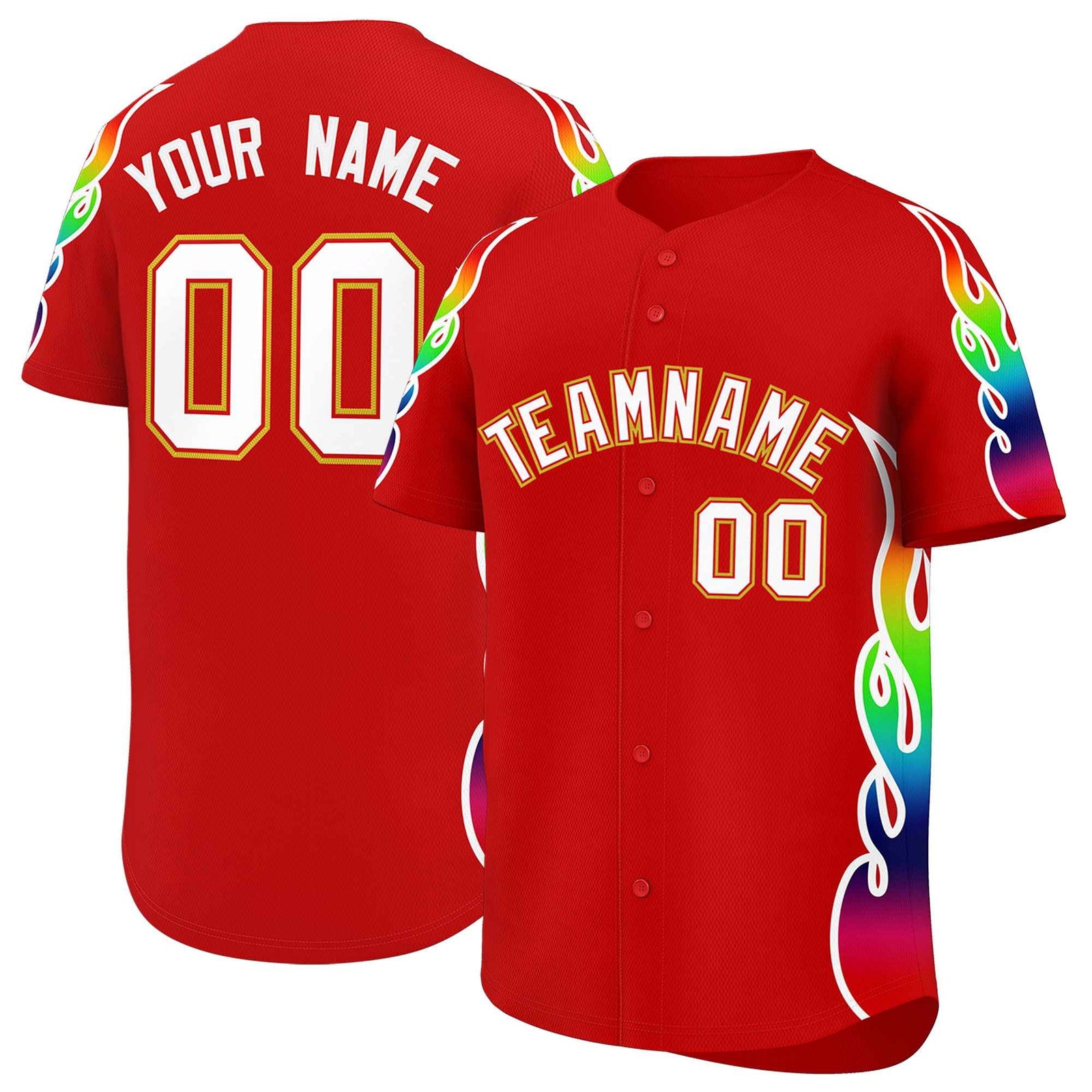 Custom Red Graffiti Pattern Personalized Multicolored Flames Print Authentic Baseball Jersey