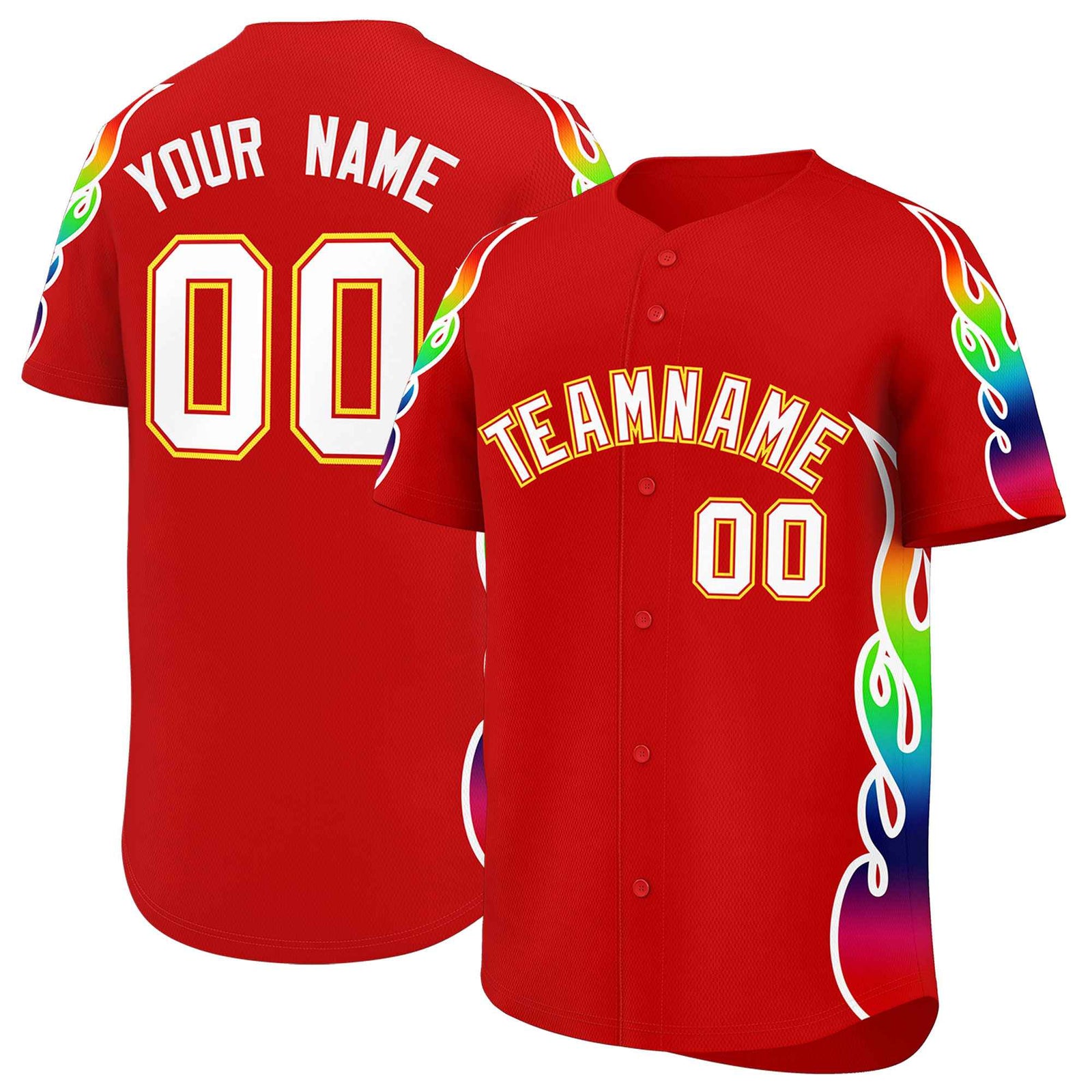 Custom Red Graffiti Pattern Personalized Multicolored Flames Print Authentic Baseball Jersey