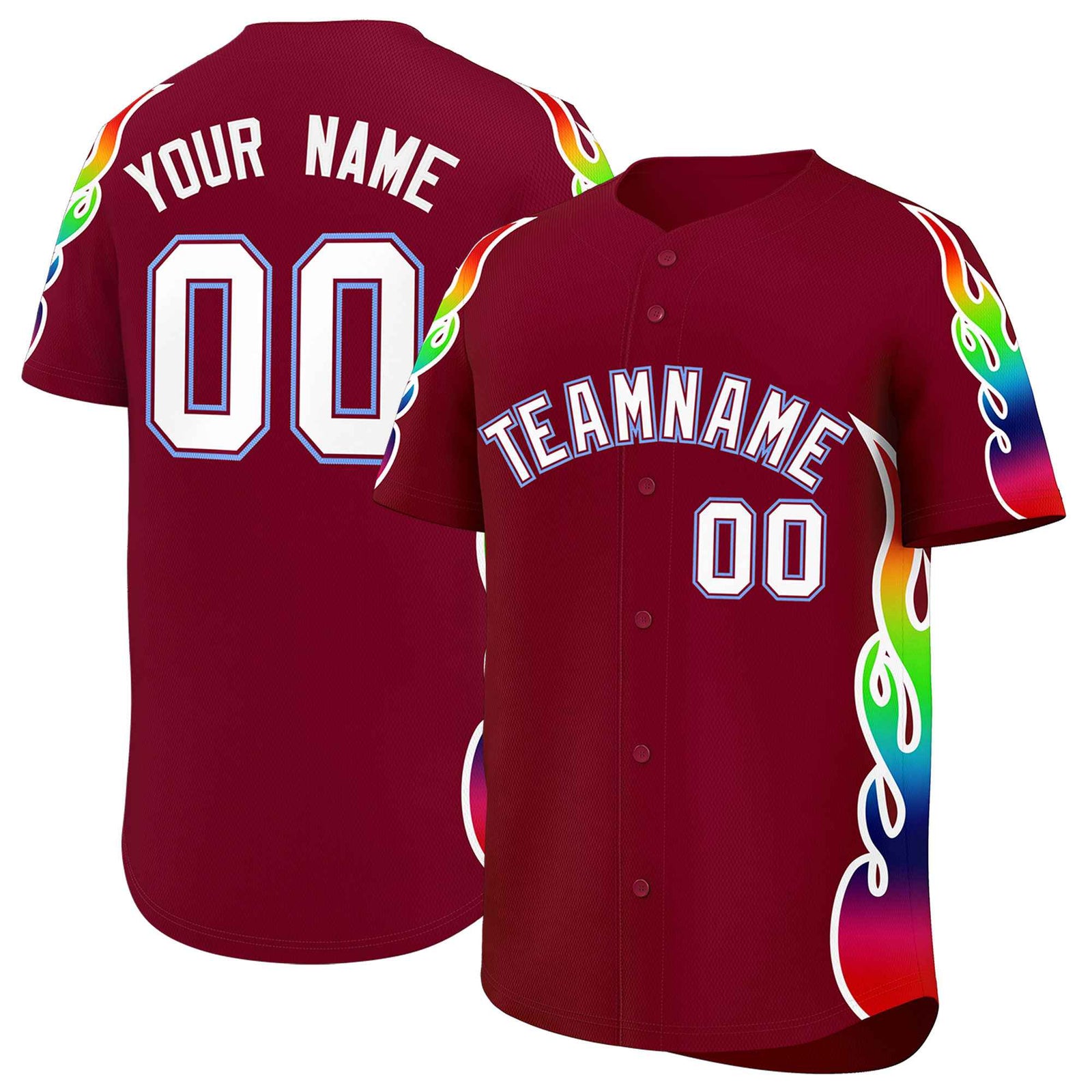 Custom Crimson Graffiti Pattern Personalized Multicolored Flames Print Authentic Baseball Jersey