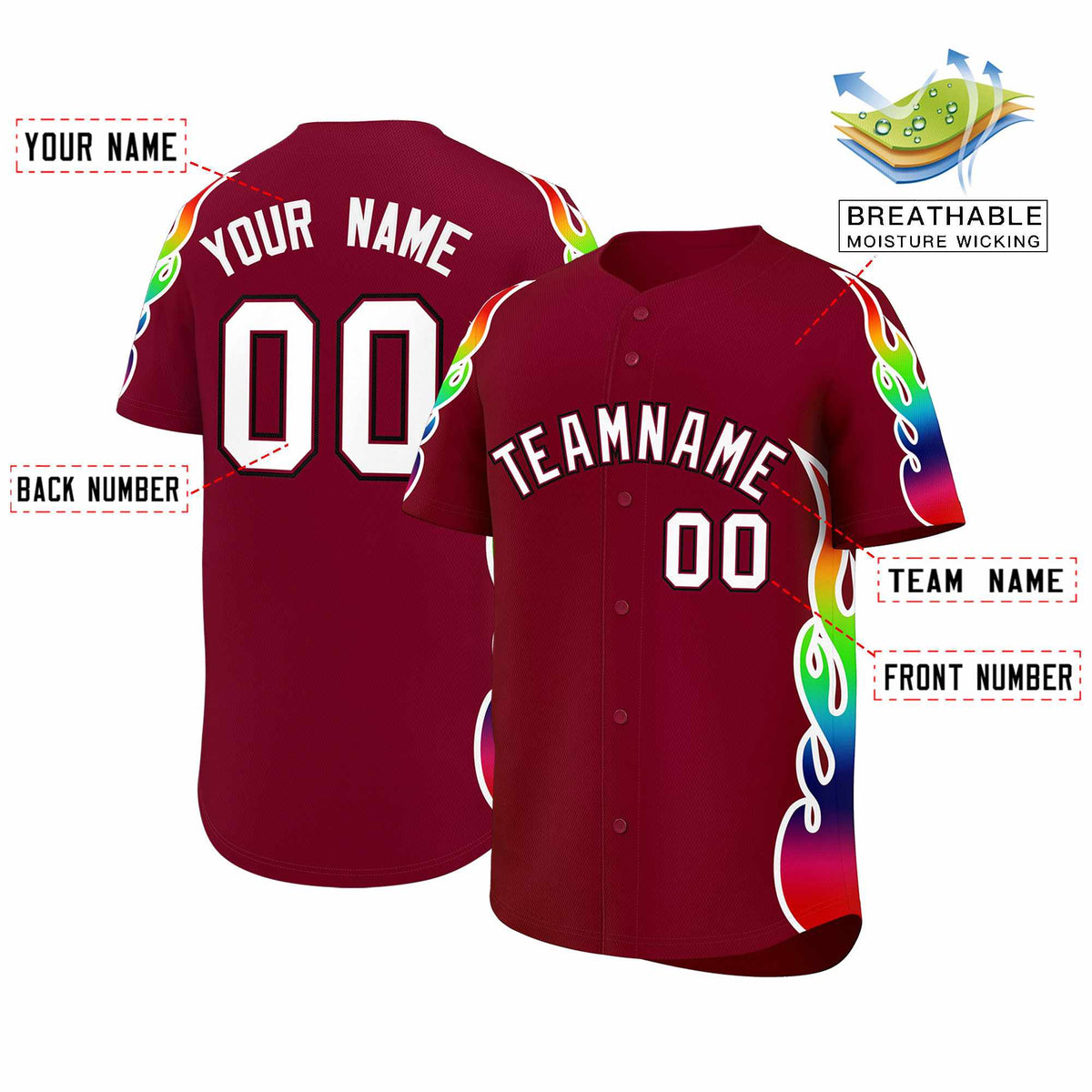 Custom Crimson Graffiti Pattern Personalized Multicolored Flames Print Authentic Baseball Jersey