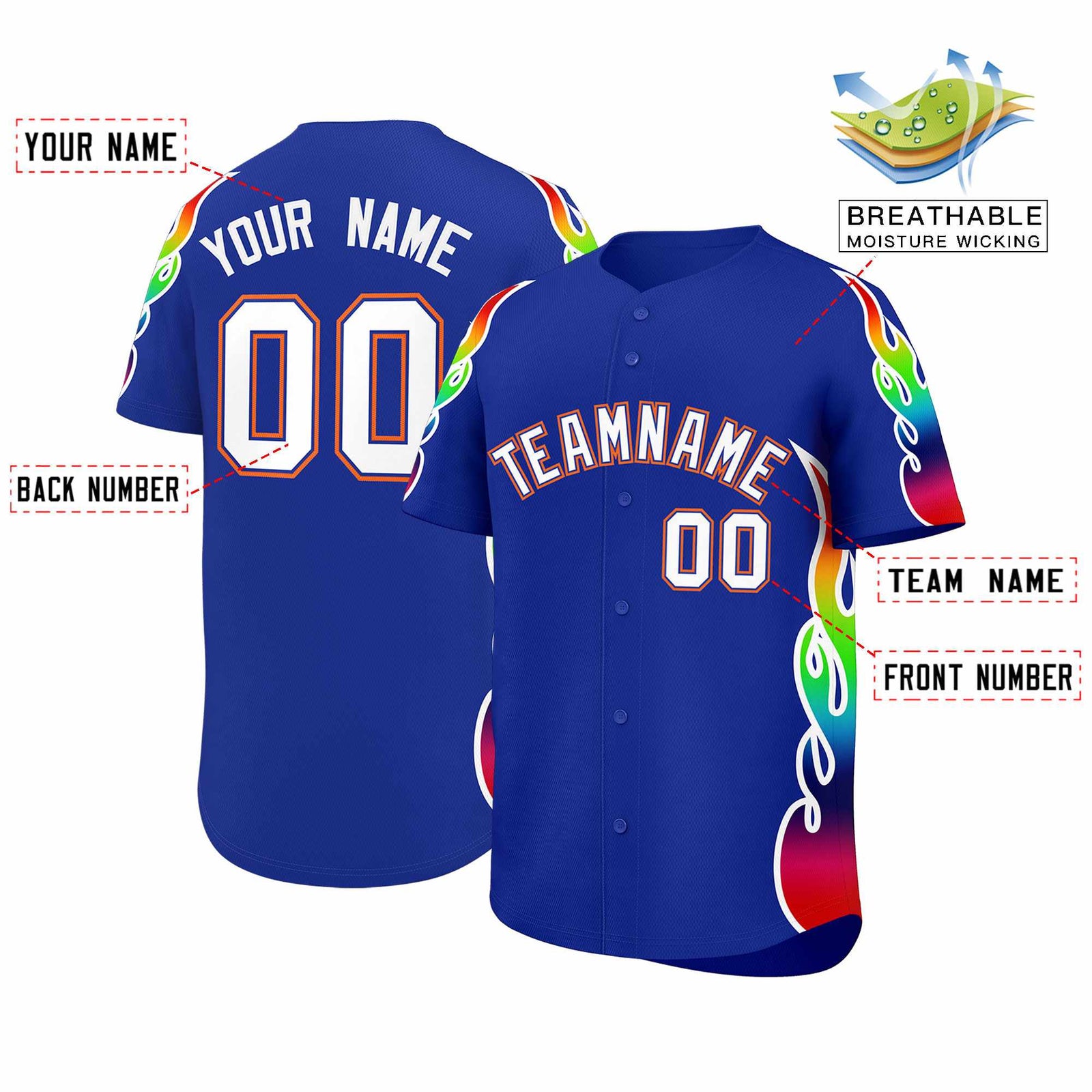 Custom Royal Graffiti Pattern Personalized Multicolored Flames Print Authentic Baseball Jersey