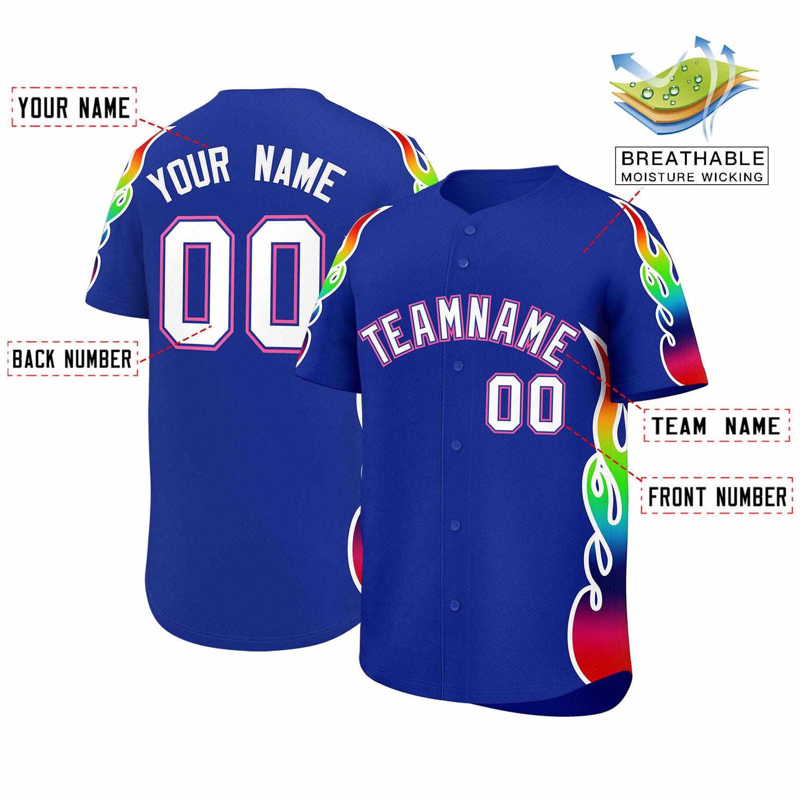 Custom Royal Graffiti Pattern Personalized Multicolored Flames Print Authentic Baseball Jersey